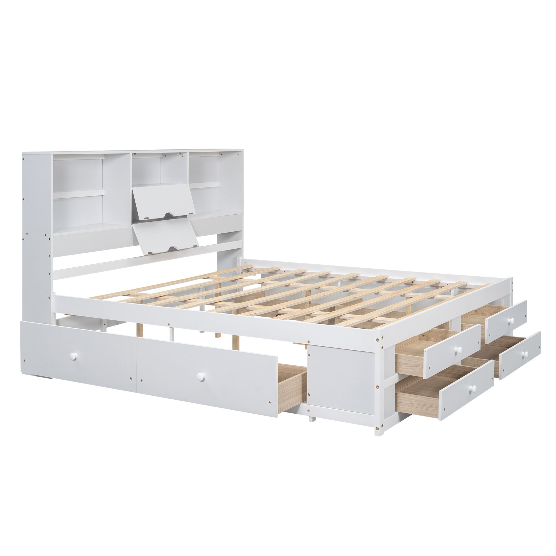 King Size Platform Bed With Storage Headboard And 8 Drawers, White Box Spring Not Required King White Wood Bedroom Bed Frame Solid Wood Mdf