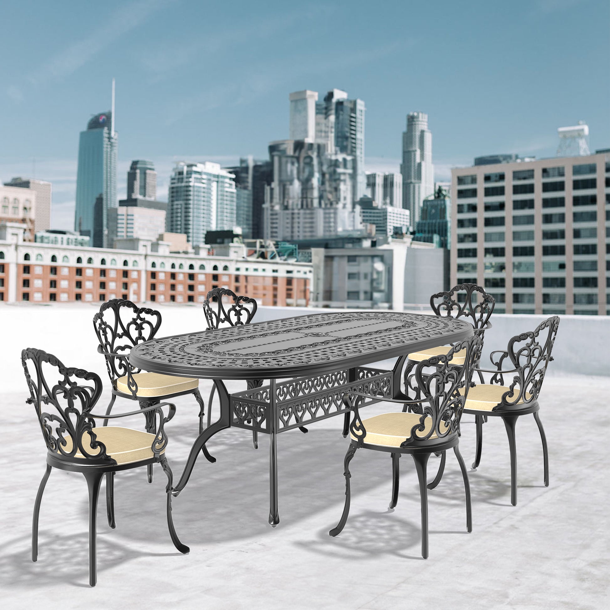 Cushions In Random Colors 7 Piece Set Of Cast Aluminum Patio Furniture With Cushions Yes Dining Set Black Seats 6 Rust Resistant Frame Water Resistant Cushion Garden & Outdoor Complete Patio Sets Aluminium
