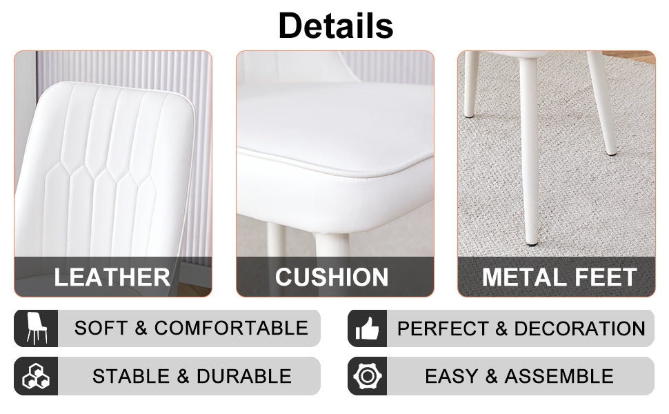 Table And Chair Set, Mdf Desktop, White Metal Table Legs, Stable And Beautiful, Suitable For Most Styles Of Home. Modern Simple Dining Table, Comfortable Seating. White Seats 4 Mdf