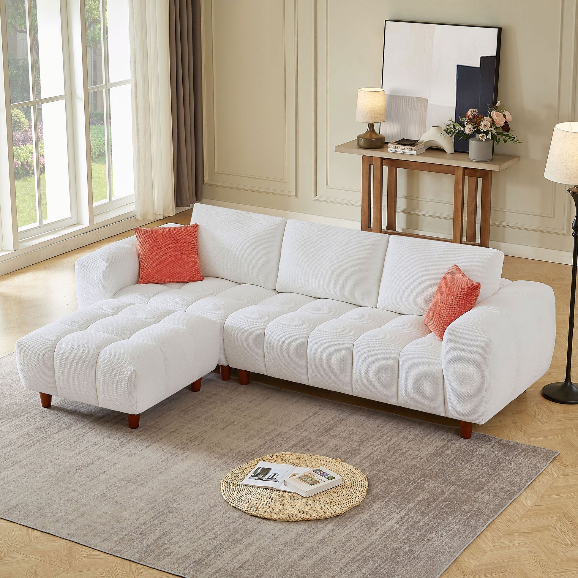 Convertible Sectional Sofa Couch, L Shaped Sofa With Fabric Couch,Modern Design Cream Style Marshmallow Sofa For Living Room And Office,White White Wood Fabric 3 Seat