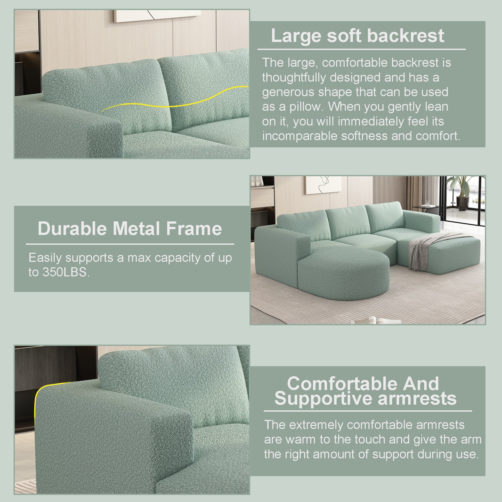 104.32*70.86 Modular Sectional Sofa Sleeper Couch, Sectional Sofa With Chaise And Ottoman, Convertible U Shaped Modular Sofa Set. Compressed Spon, Light Green Combo A B C D Light Green Primary Living Space Soft Minimalist,Modern Foam Spring 5 Seat