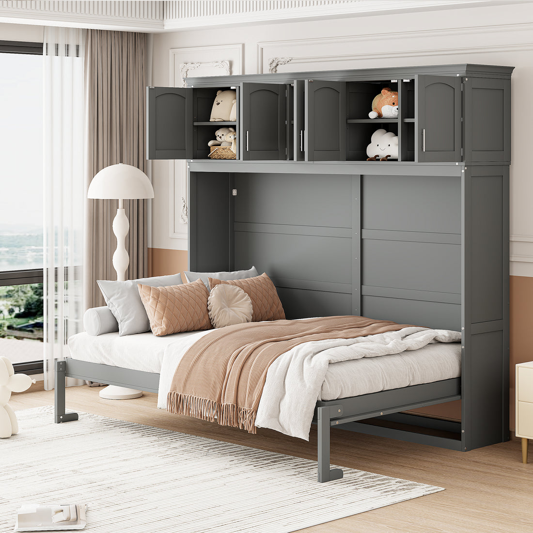 Queen Size Murphy Bed Wall Bed With Top Cabinets,Gray Queen Gray Plywood