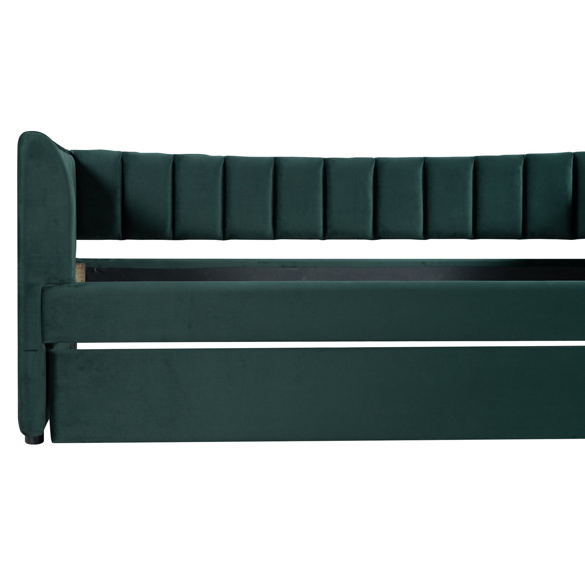 Twin Size Upholstered Velvet Daybed With Trundle, Green Box Spring Not Required Twin Green Wood Bedroom Bed Frame Velvet Upholstered