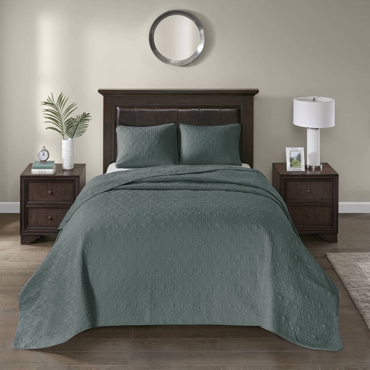 3 Piece Reversible Bedspread Set Balsam Green King Green Polyester