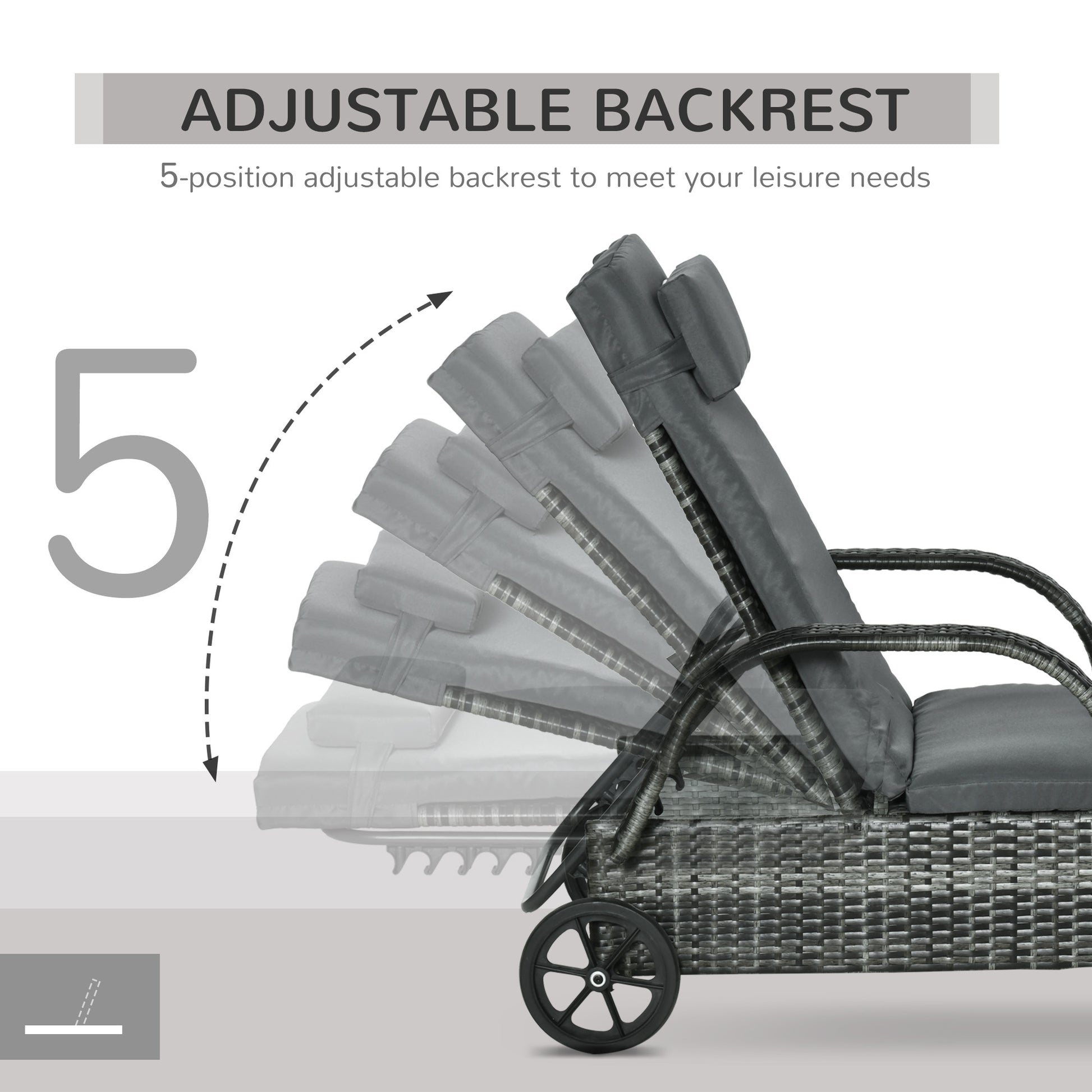 Outsunny Wicker Outdoor Chaise Lounge, 5 Level Adjustable Backrest Pe Rattan Pool Lounge Chair With Wheels, Cushion & Headrest, Mixed Gray And Charcoal Gray Gray Rattan Metal