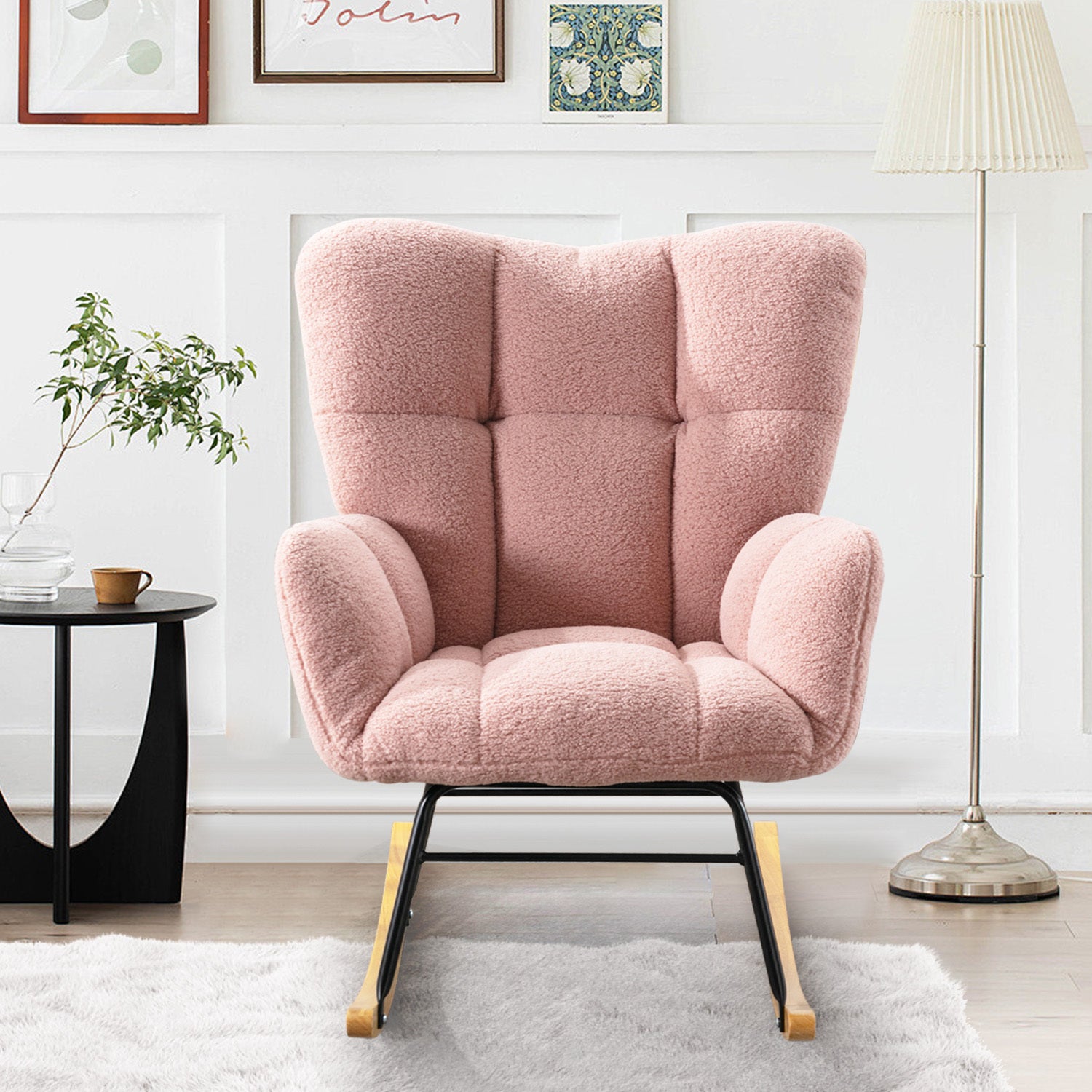 Teddy Fabric Rocking Chair, Upholstered Rocker Armchair With High Backrest, Modern Rocking Accent Chair For Nursery, Living Room, Bedroom, Pink Metal Pink Light Brown Bedroom Foam Wipe Clean Modern Rocking Chairs Rubberwood Tufted Back Foam Fabric