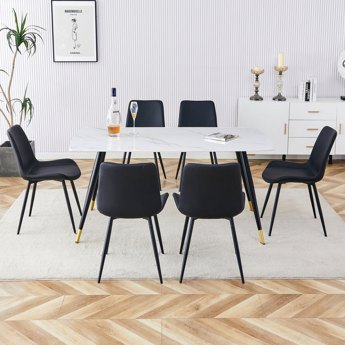 Table And Chair Set, White Imitation Marble Texture Rock Board Table Top, Black Metal Table Legs, Stable And Beautiful. Modern Simple Dining Table, Comfortable Seating. White Black Seats 6 Metal