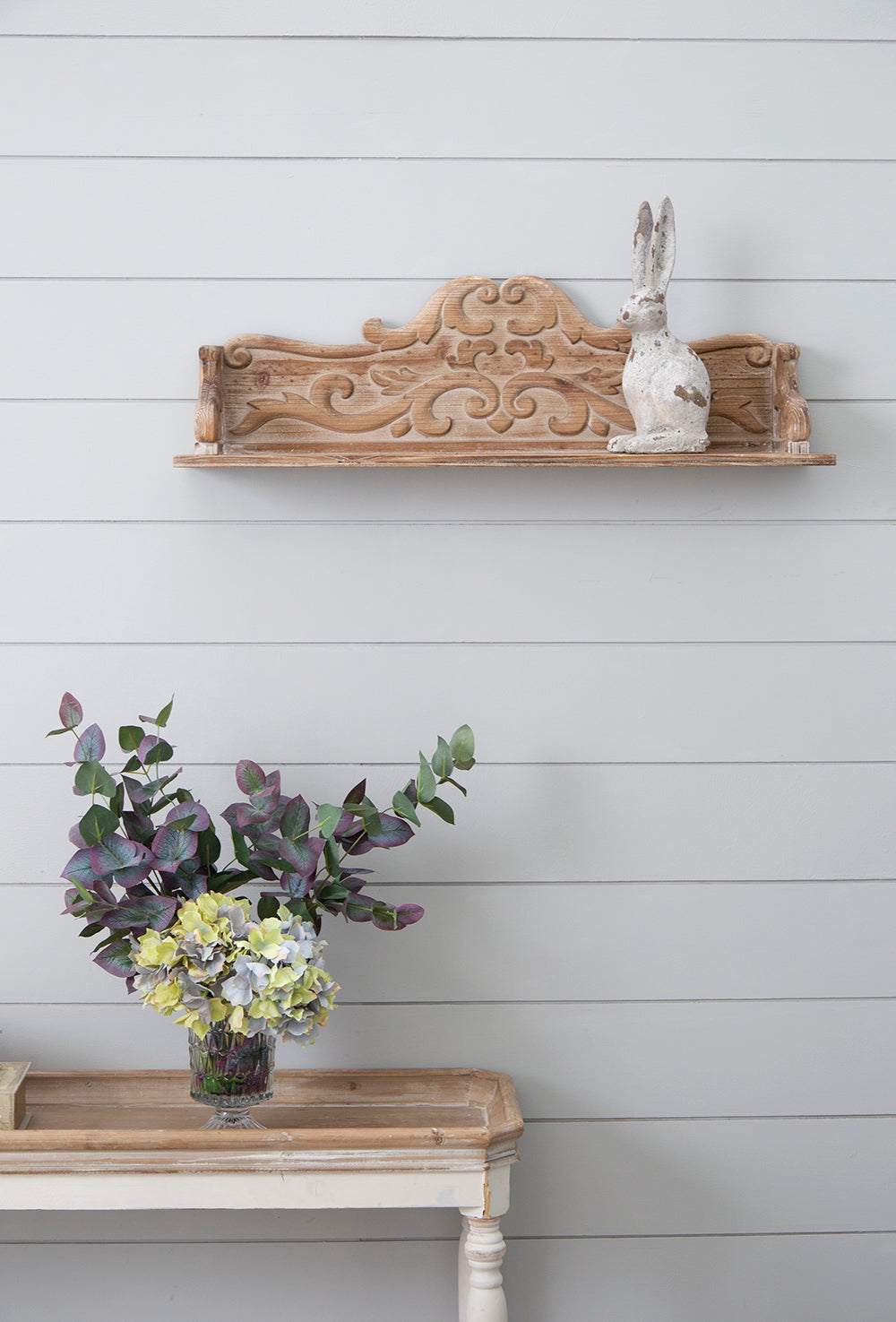 31.5X7X9.5" Timeless Fir Wood Floating Wall Shelf With Floral Motif Brown Wood