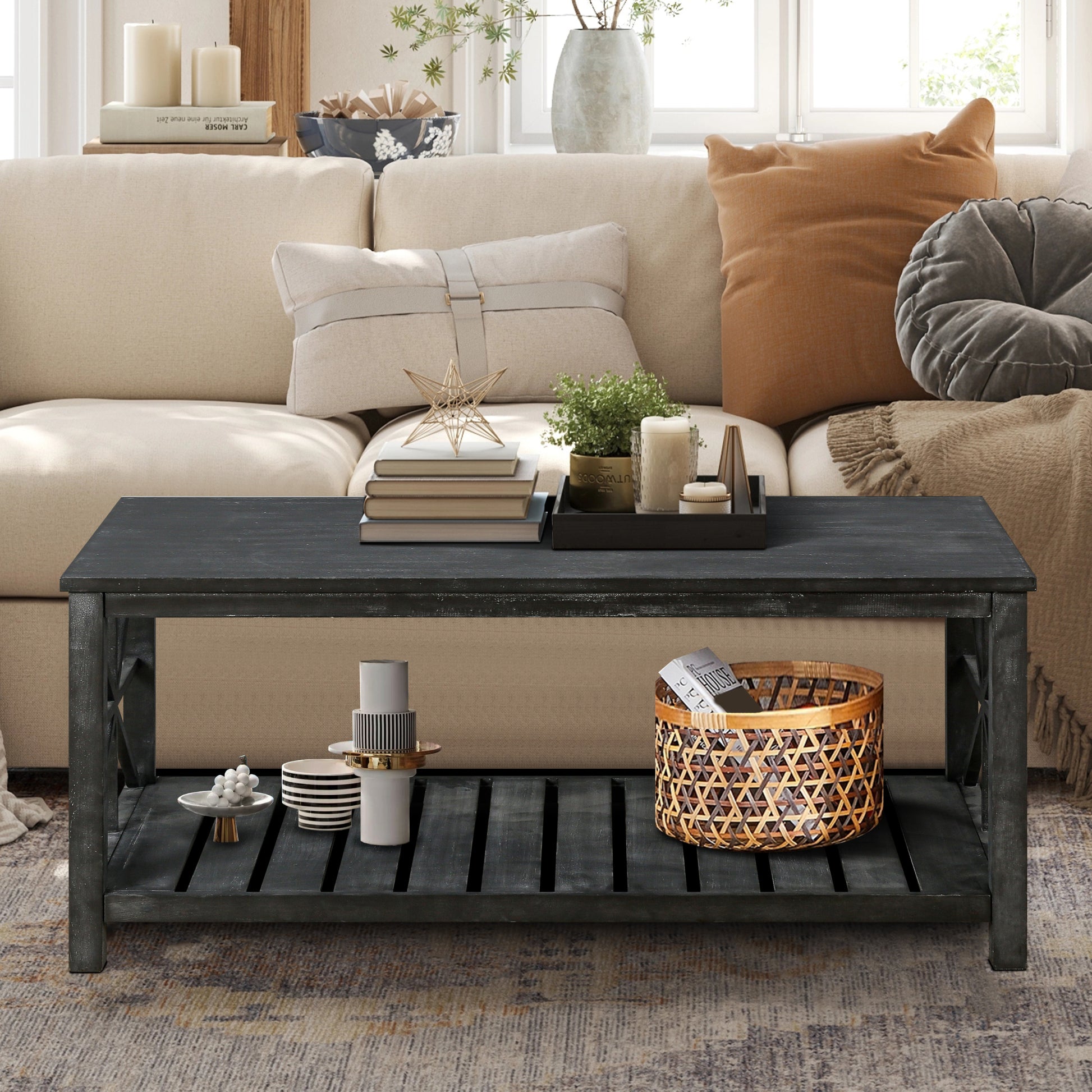 47 Inch Modern Coffee Table With Storage Shelf, Farmhouse Rectangle Living Room Center Table For Small Spaces,Easy Assembly Antique Black Antique Black Ergonomic Primary Living Space American Design Floor Mount Open Storage Coffee & End Tables