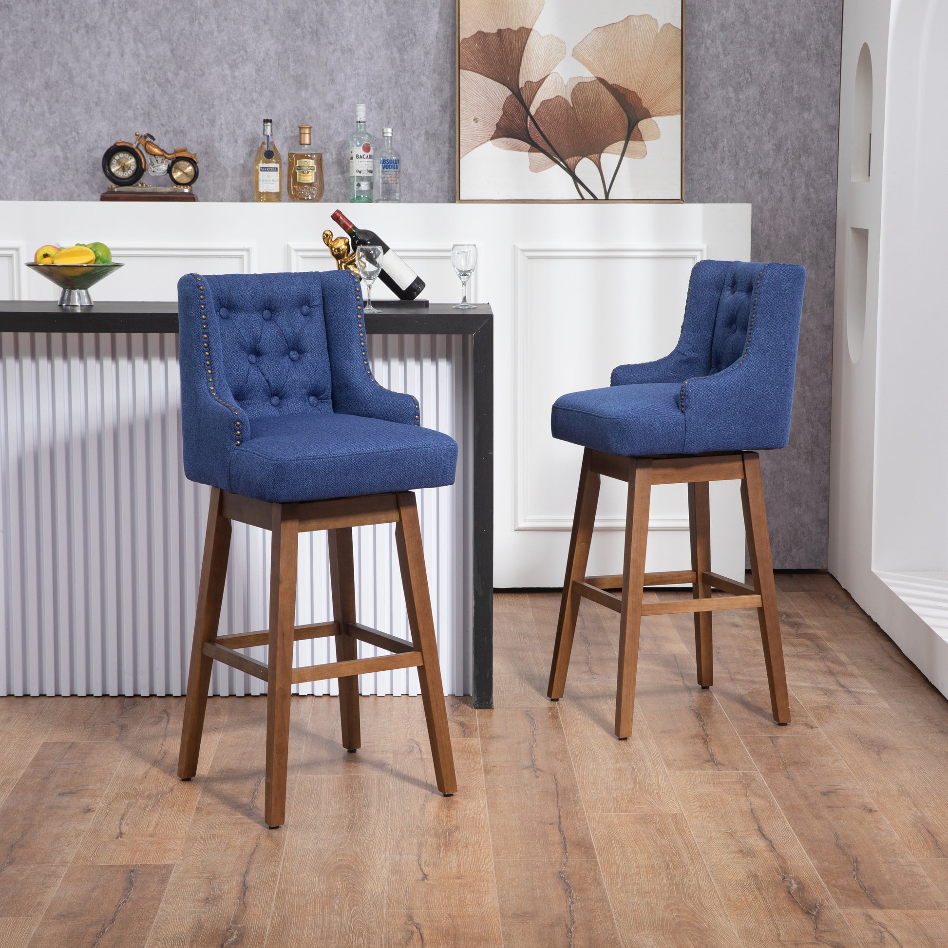 Coolmore Bar Stools Set Of 2 Counter Height Chairs With Footrest For Kitchen, Dining Room And 360 Degree Solid Wood Legs Swivel Bar Stools Set Of 2 Navy Linen Navy Foam Linen