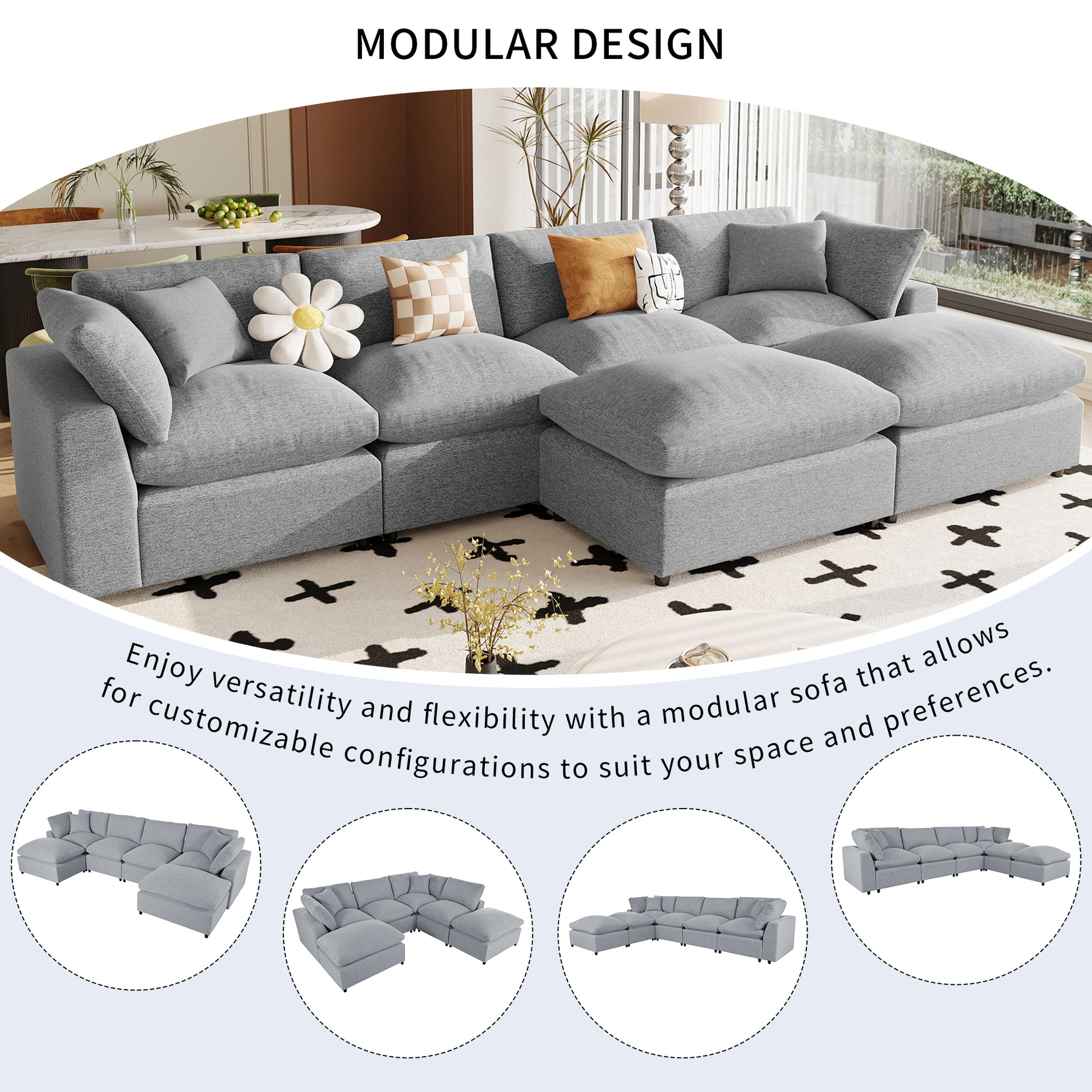 Modern Large U Shape Sectional Sofa, 2 Large Chaise With Removable Ottomans For Living Room Grey Polyester Primary Living Space Pillow Back American Design Polyester 6 Seat