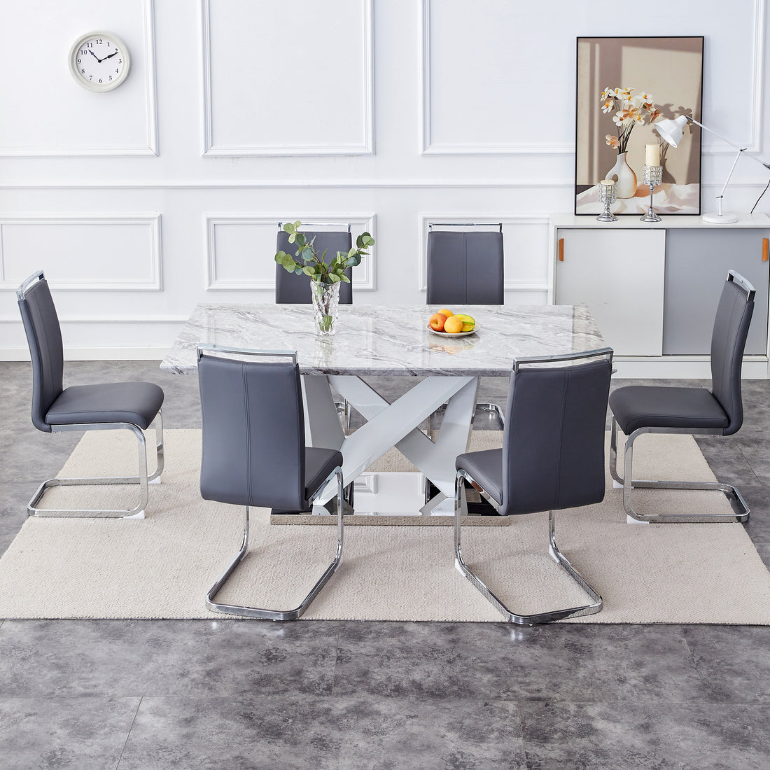 1 Table And 6 Chairs Set.Modern Grey Mdf Faux Marble Dining Table With Double V Shaped Supports.Paired With 6 Modern Pu Artificial Leather Soft Cushion With Silver Metal Legs.F Vv,C 1162 Gray Seats 6 Mdf Metal