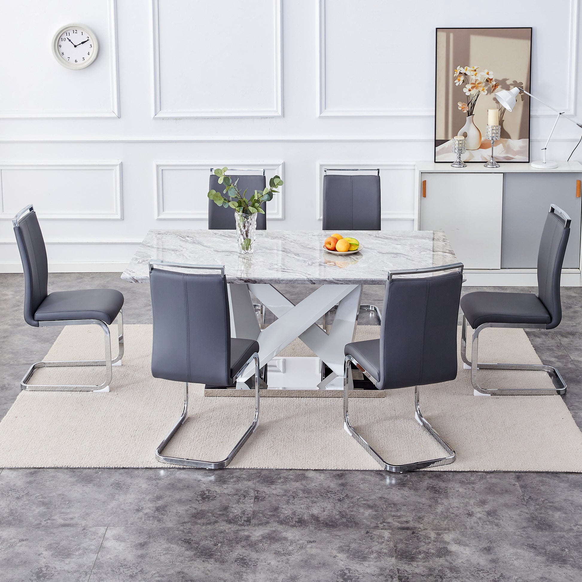 1 Table And 6 Chairs Set.Modern Grey Mdf Faux Marble Dining Table With Double V Shaped Supports.Paired With 6 Modern Pu Artificial Leather Soft Cushion With Silver Metal Legs.F Vv,C 1162 Gray Seats 6 Mdf Metal