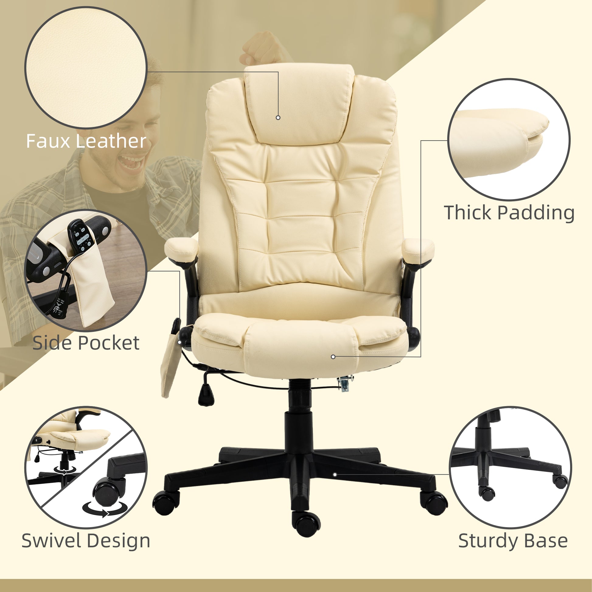Homcom High Back Vibration Massage Office Chair With 6 Vibration Points, Heated Reclining Pu Leather Computer Chair With Armrest And Remote, Beige Beige Pu