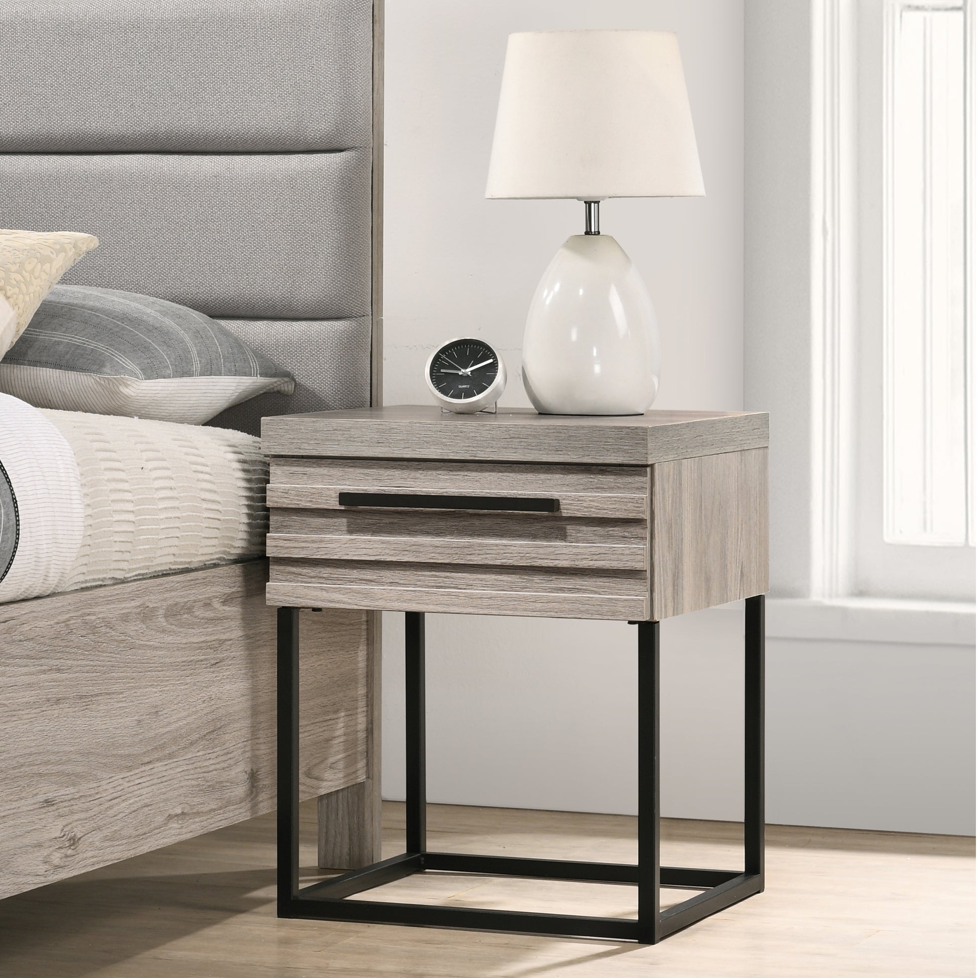 Alvear Contemporary Wood Nightstand With Metal Base, One Size, Nightstand Only, Weathered Gray Black Gray Gray 1 Drawer Bedroom Drawer Storage Contemporary Drawers Black Metal & Wood Mdf Metal