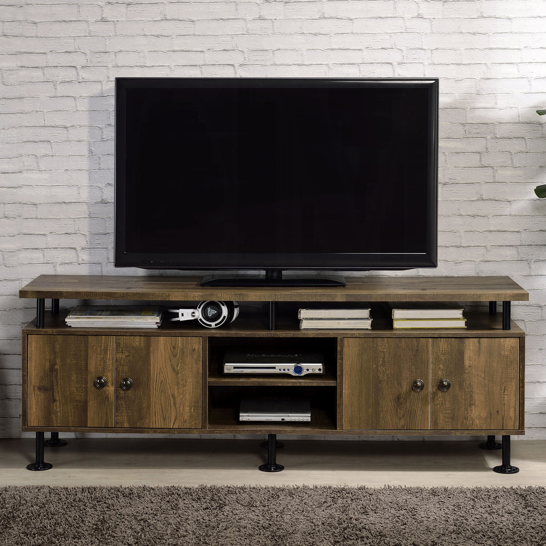 Rustic Oak And Black 2 Shelf Tv Stand Black,Rustic Primary Living Space 60 Inches 60 69 Inches Industrial Wood Metal