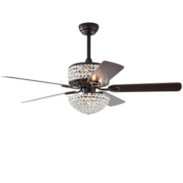 52 Inch Dual Crystal Shade Ceiling Fan With 5 Wood Blades, Two Color Fan Blade, Ac Motor, Remote Control, Reversible Airflow, Multi Speed, Adjustable Height, Traditional Ceiling Fa No Include Bulbs Matt Black American Design,American