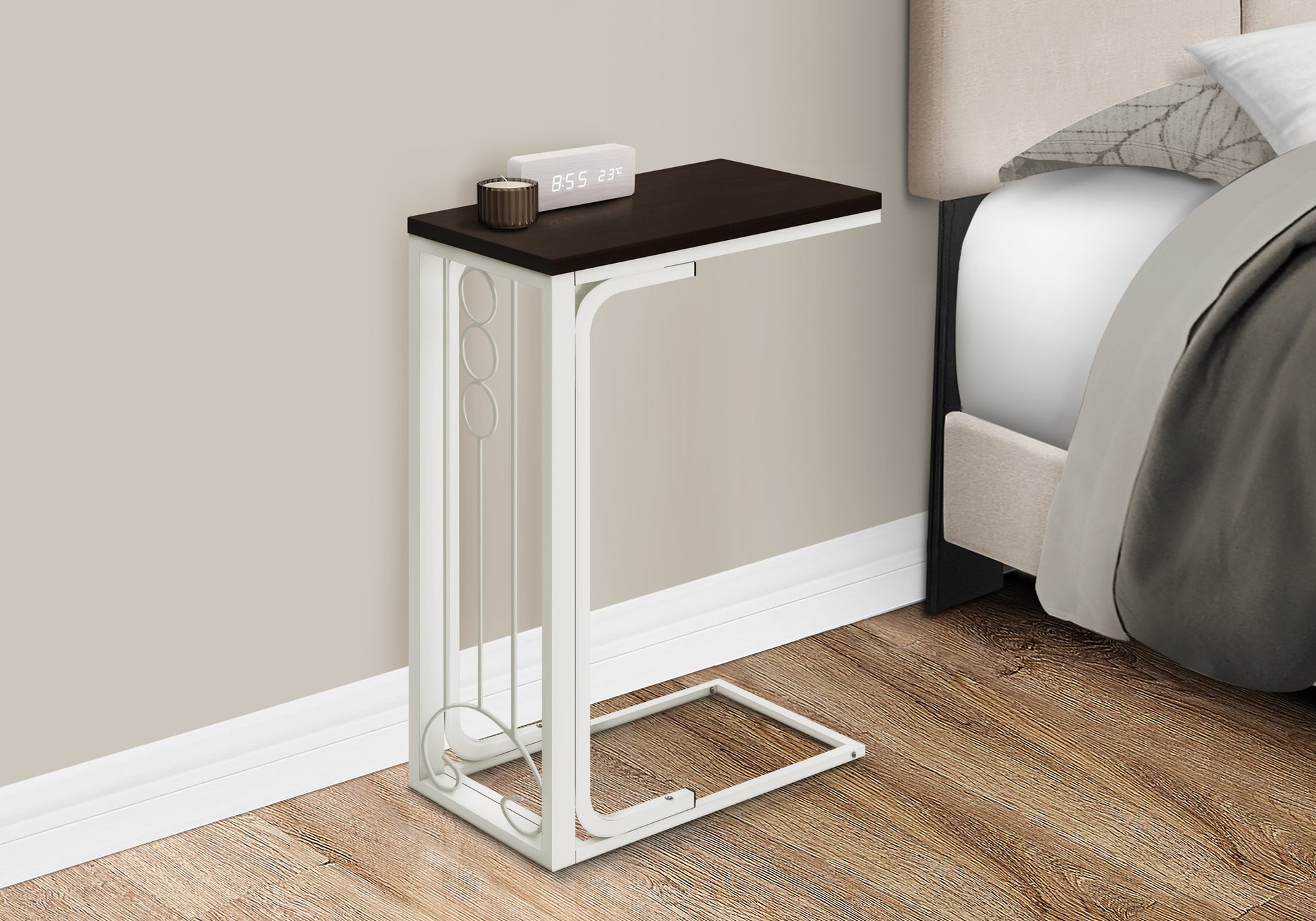 Accent Table, C Shaped, End, Side, Snack, Living Room, Bedroom, Brown Laminate, Grey Metal, Transitional Cherry Mdf