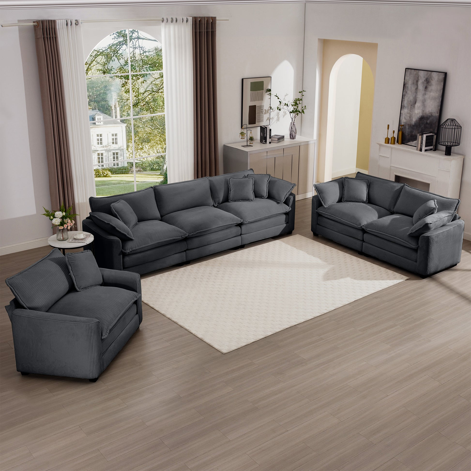 3 Piece Sectional Sofa Oversized Sectional Sofa Comfortable Sectional Sofaone Single Sectional Sofa, One 2 Seater Sofas, One 3 Seater Sofas Grey Corduroy Deep Seat Sofa Grey Corduroy 6 Seat