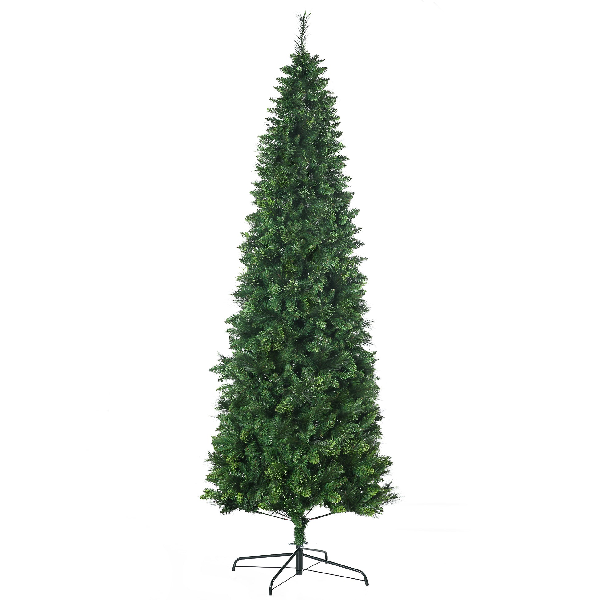 Homcom 7.5Ft Tall Pencil Artificial Christmas Tree Holiday D Cor With 1075 Branches, Auto Open, Steel Base, Pine Needles, Green Green Plastic