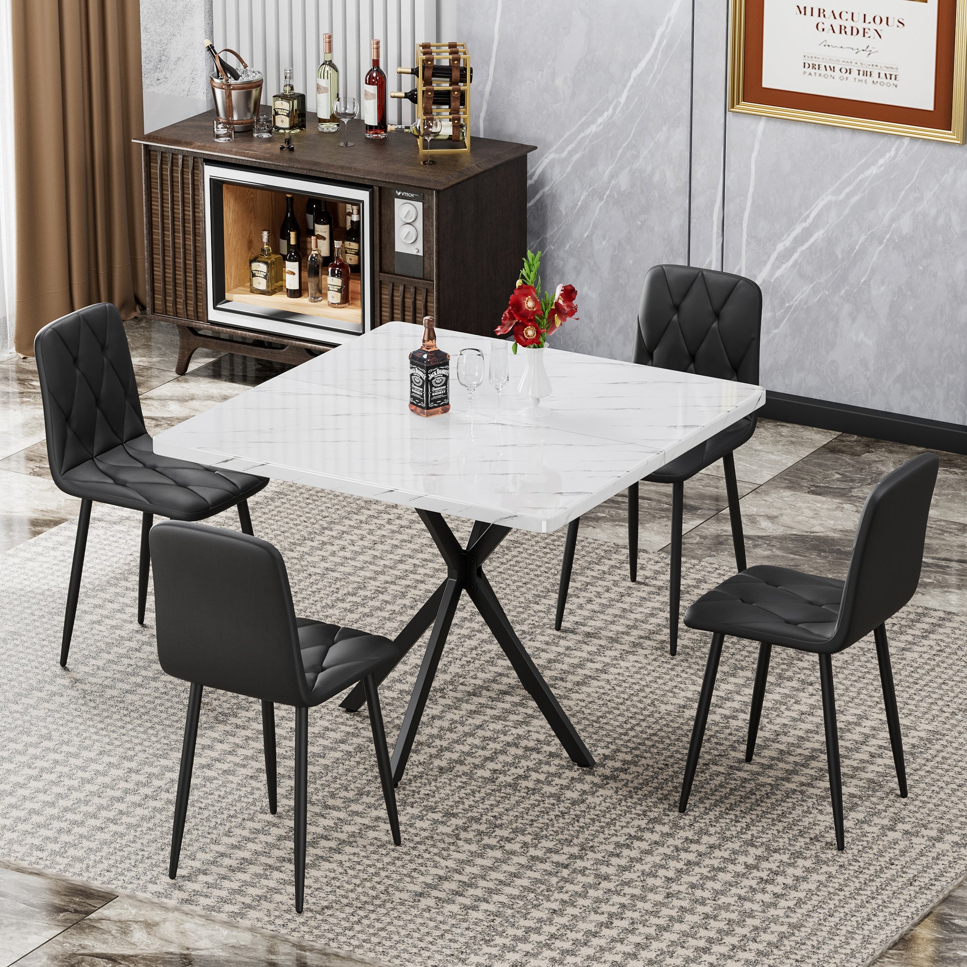 Dining Chairs Set Of 4, Modern Kitchen Dining Room Chairs, Pu Dining Chair Upholstered Cushion Seat And Sturdy Metal Legs Black Leather