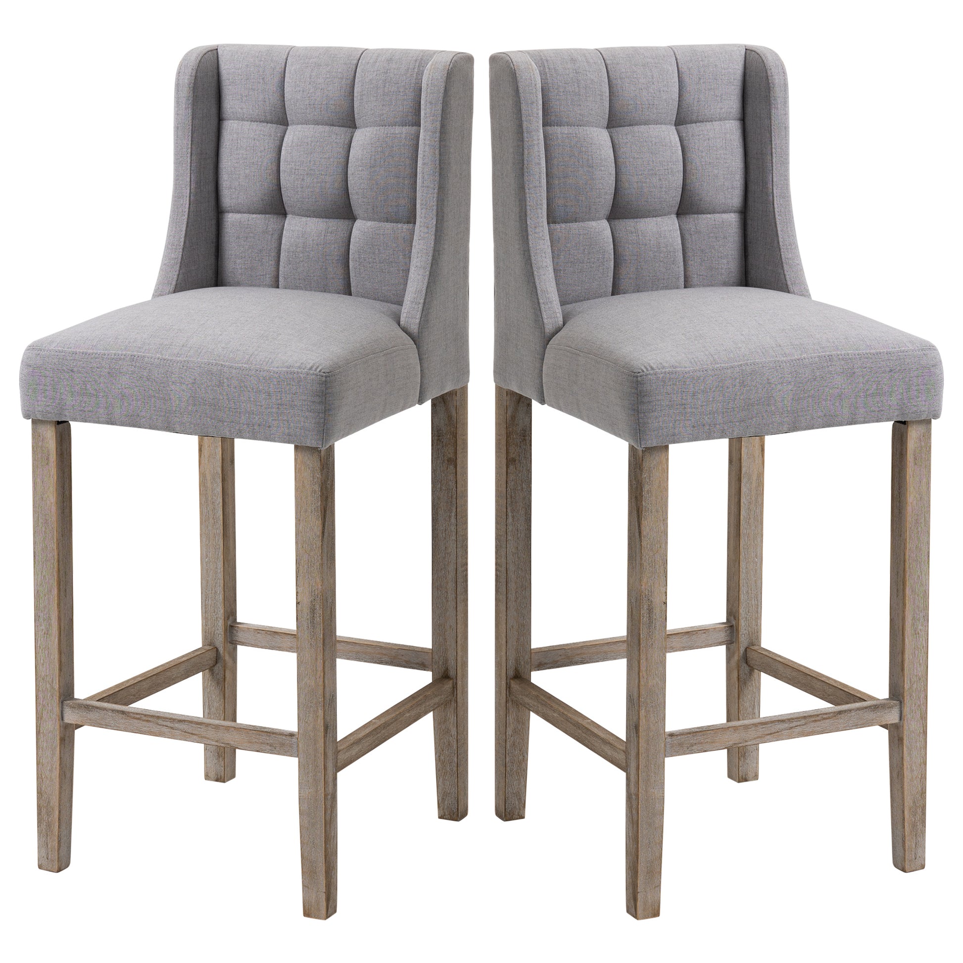 Homcom Modern Bar Stools, Tufted Upholstered Barstools, Pub Chairs With Back, Rubber Wood Legs For Kitchen, Dinning Room, Set Of 2, Grey Grey Rubber Wood