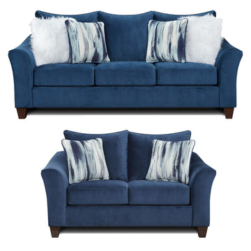 Camero Fabric Pillowback 2 Piece Living Room Set, Sofa And Loveseat, Navy Blue Navy Blue Espresso Polyester Wood Primary Living Space Medium Soft Pillow Back Contemporary Flared Arms Polyester 5 Seat