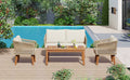 4 Piece Patio Conversation Set, Solid Wood Loveseat, 2 Chairs And Table, Outdoor Conversation Group With Cushions For Backyard, Poolside, Garden Beige Cushion Natural Rope Beige Natural Woven Rope