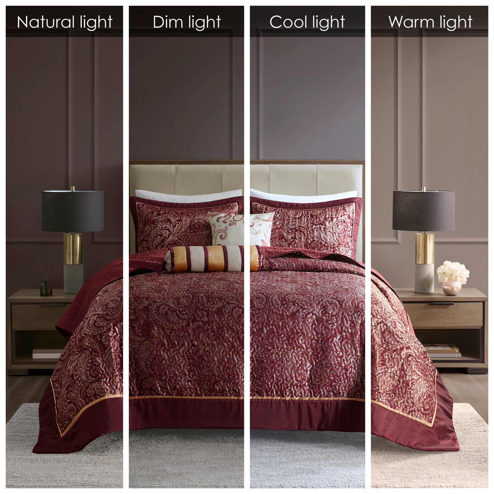 5 Piece Jacquard Bedspread Set With Throw Pillows Burdy King King Burgundy Cotton
