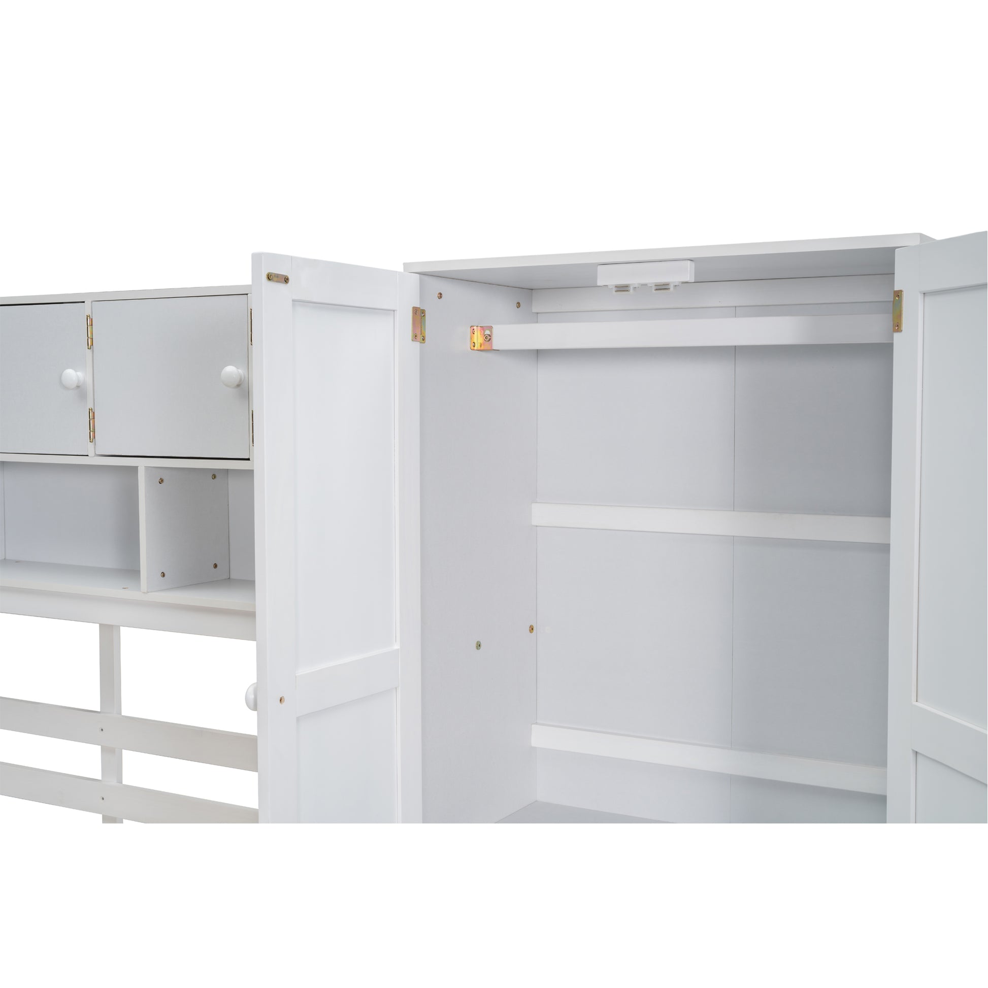 Full Size Wooden Loft Bed Big Storage With Under Bed Desk, With Drawers, With Shelves, White Full White Plywood