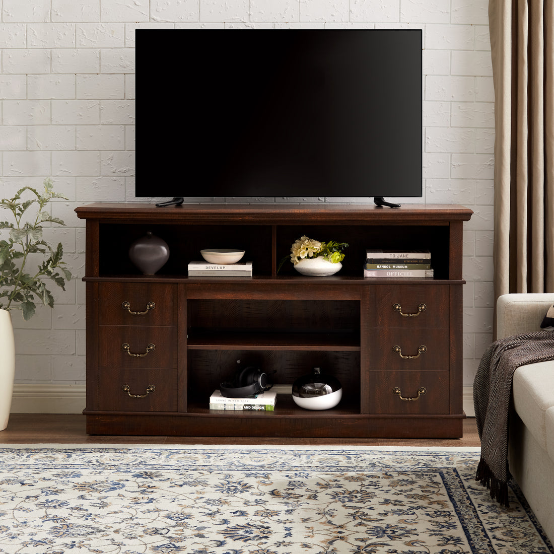 Vintage Drawer Traditional Tv Media Stand Farmhouse Rustic Entertainment Console For Tv Up To 65" With Open And Closed Storage Space, Espresso, 60"W*15.75"D*34.25"H Espresso 60 69 Inches Mdf