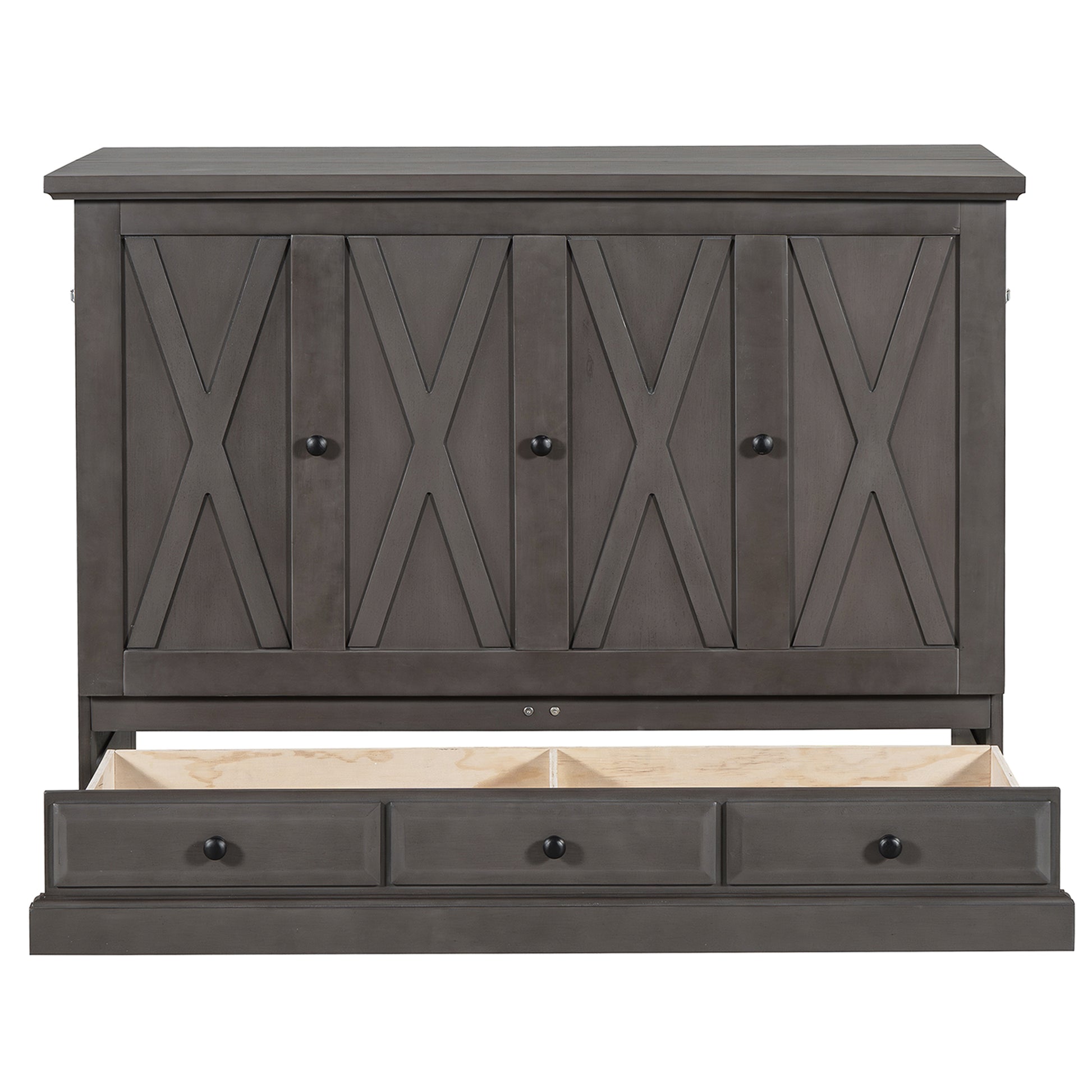 Solid Pine Murphy Bed Chest Cube Cabinet Bed With Charging Station And Large Storage Drawer For Home Office Or Small Room,Full,Gray Box Spring Not Required Full Gray Wood Gray Pine Murphy Solid Wood Mdf