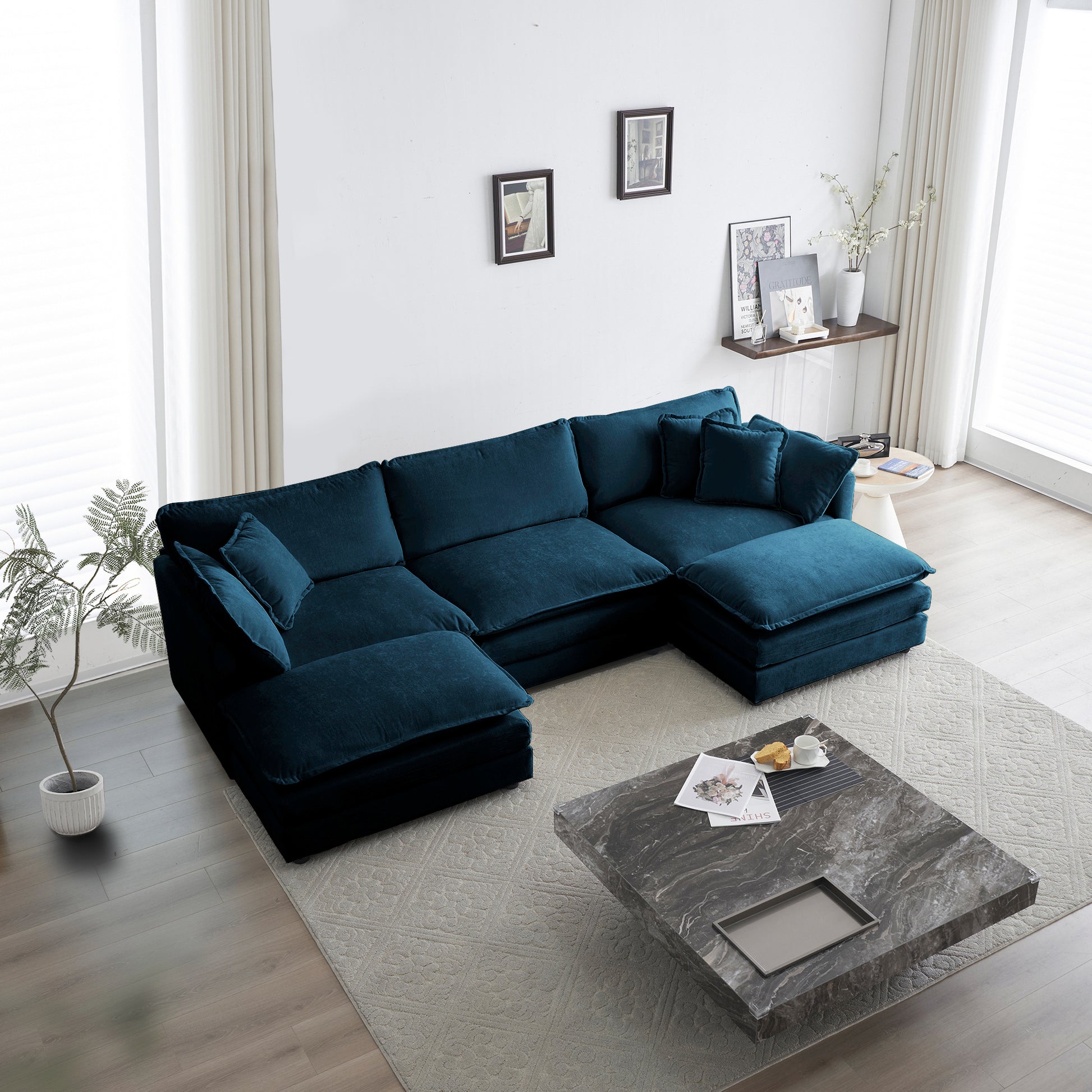 U Shaped Sectional Sofa W Reversible Footrest, 5 Seater Convertible Corner Couch With 2 Ottomans ,Modern Minimalist Soft Sofa & Couch For Living Roomblue Chenille Blue Chenille 3 Seat