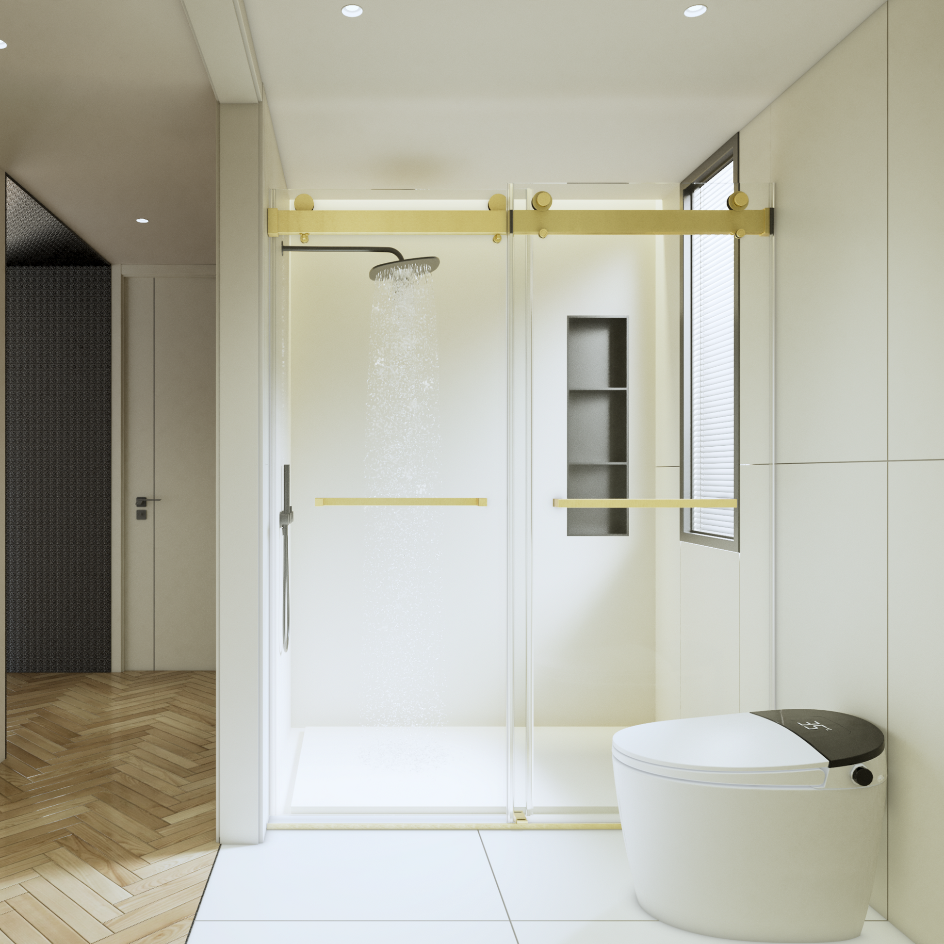 56 60 Inches W *76 Inches H Frameless Double Sliding Soft Close Shower Door In Brushed Gold,3 8 Inches 10Mm Thick Sgcc Tempered Glass Door Brushed Gold Glass Metal