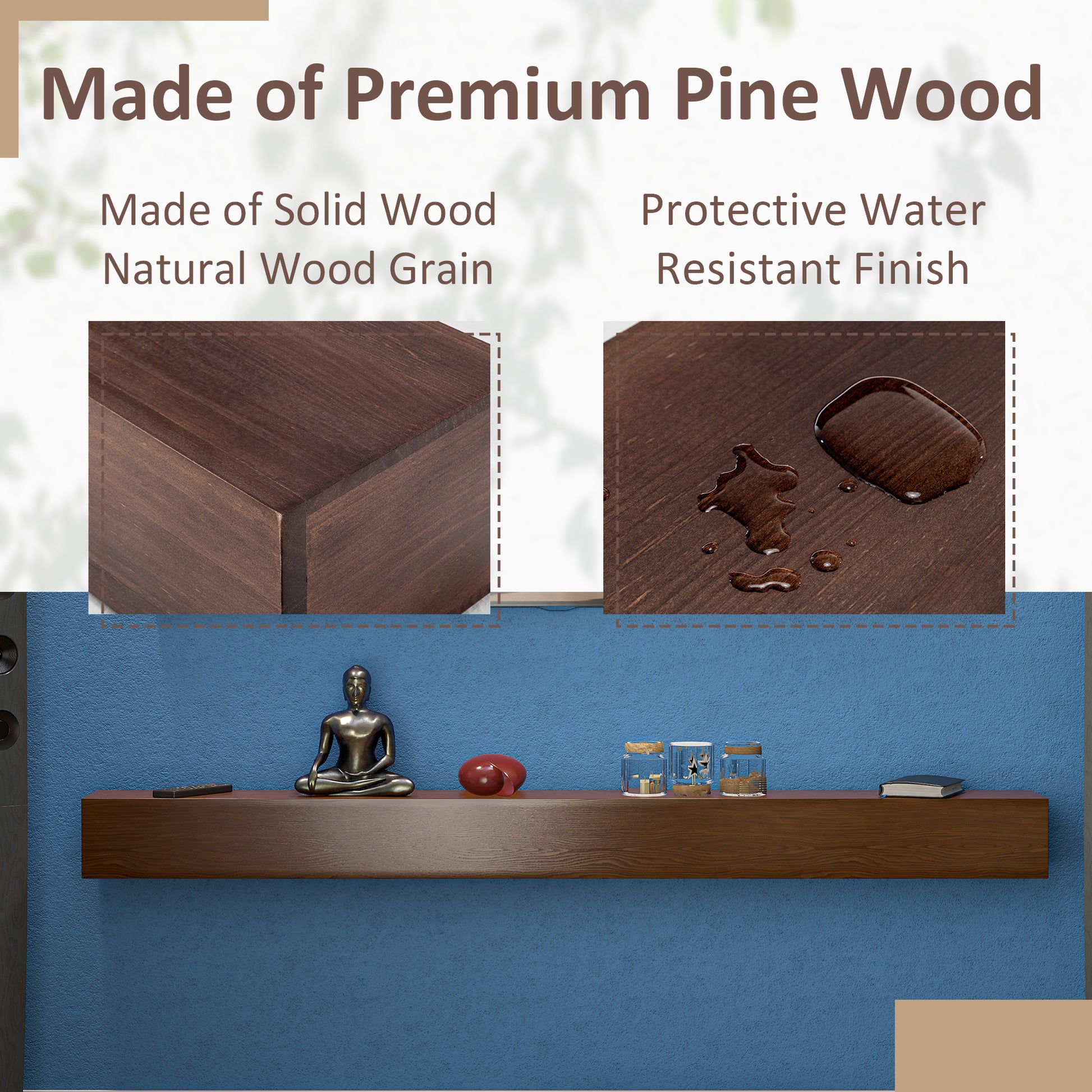 72'' Fireplace Mantel Wooden Wall Mounted Floating Shelf 8" Deep Solid Pine Wood,Brown Brown Metal & Wood