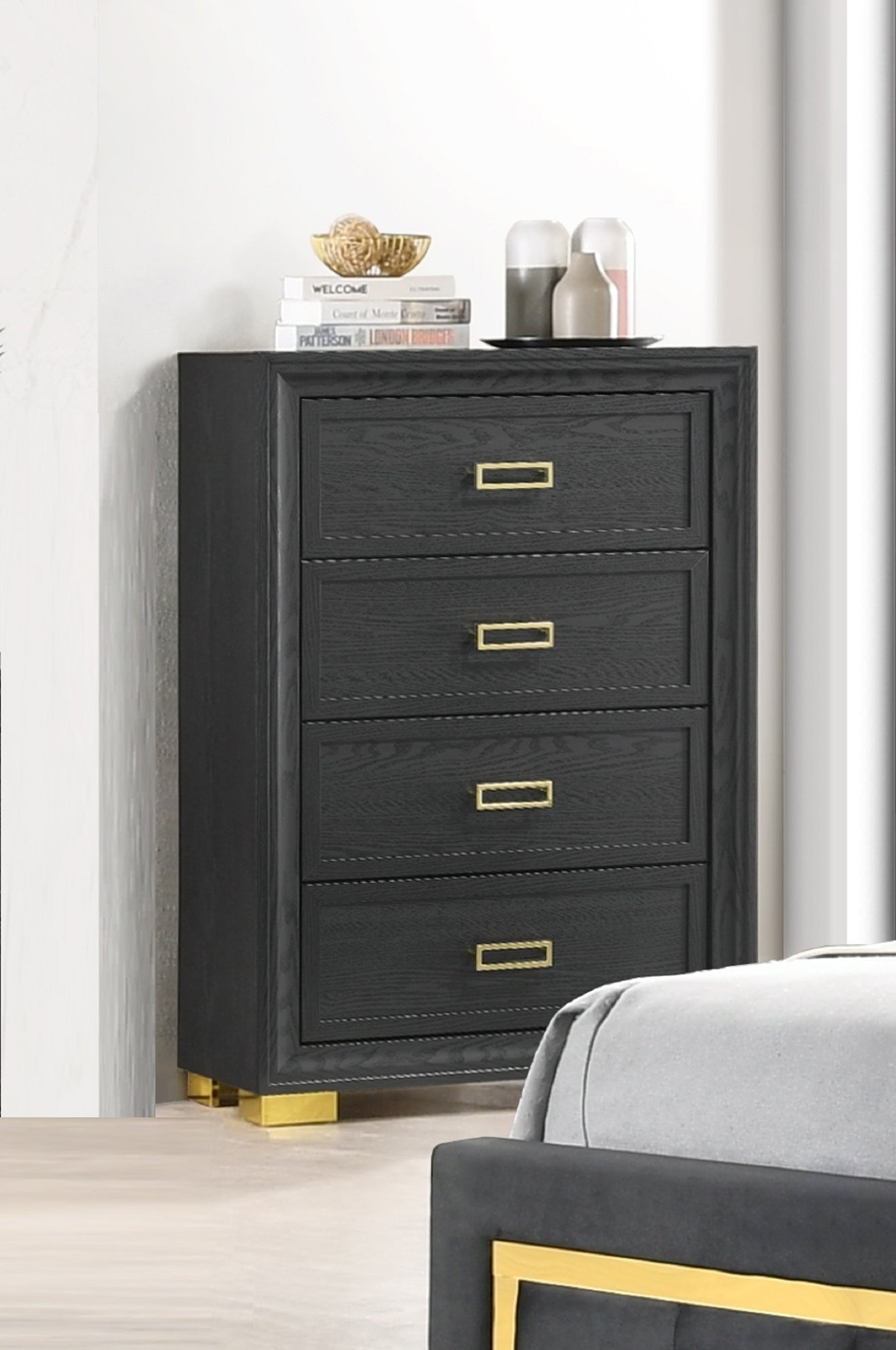 Glamorous 1Pc Modern Glam Style 4 Drawer Chest Dark Gray Gold Finish Gold Colored Hardware Bedroom Furniture Dark Gray Bedroom Modern Wood