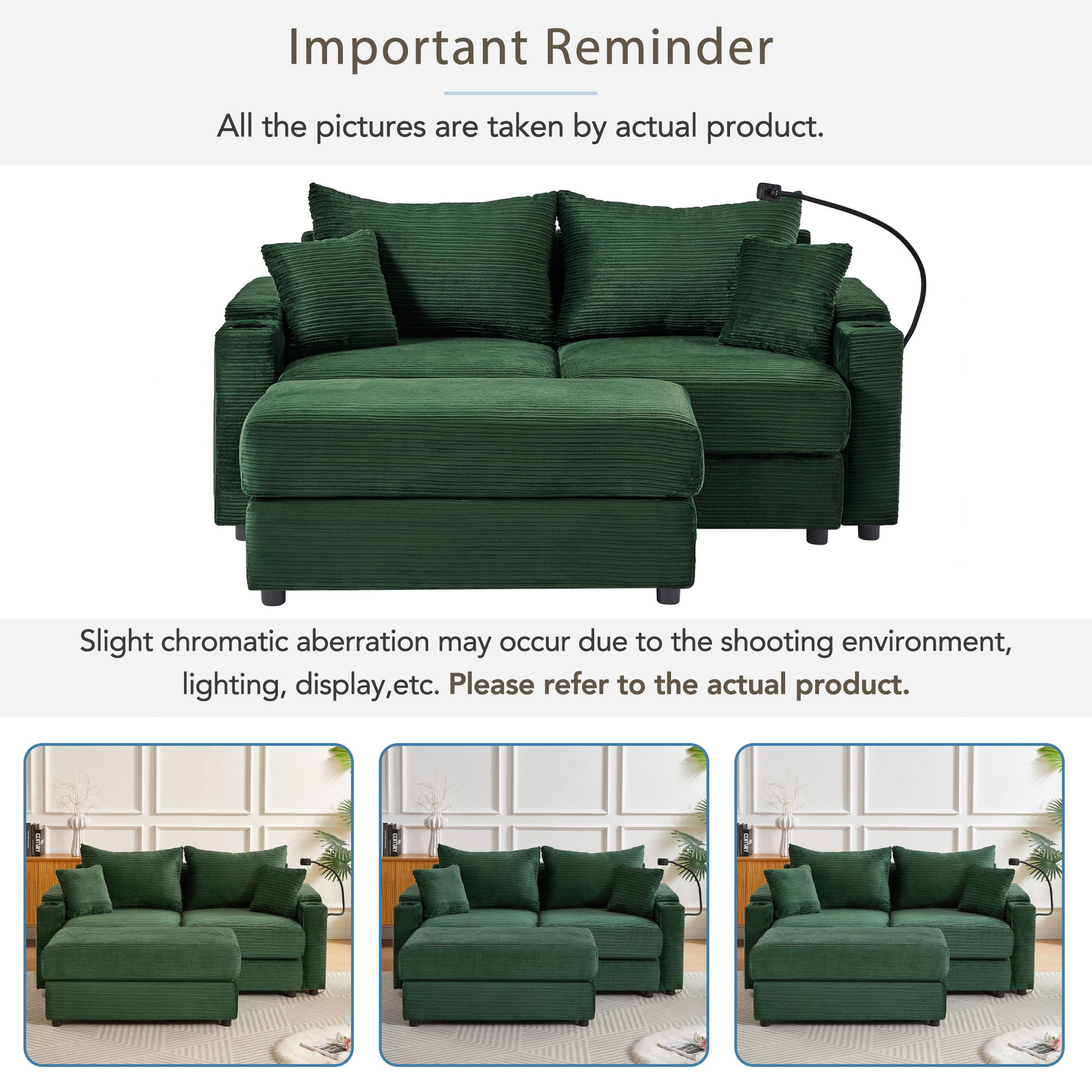 72.8" Modern Style Loveseat Sofa Sectional Sofa Couch With Storage Space, A Movable Ottoman, Two Usb Ports, Two Cup Holders, A Phone Holder For Living Room, Green Green Foam Corduroy 3 Seat