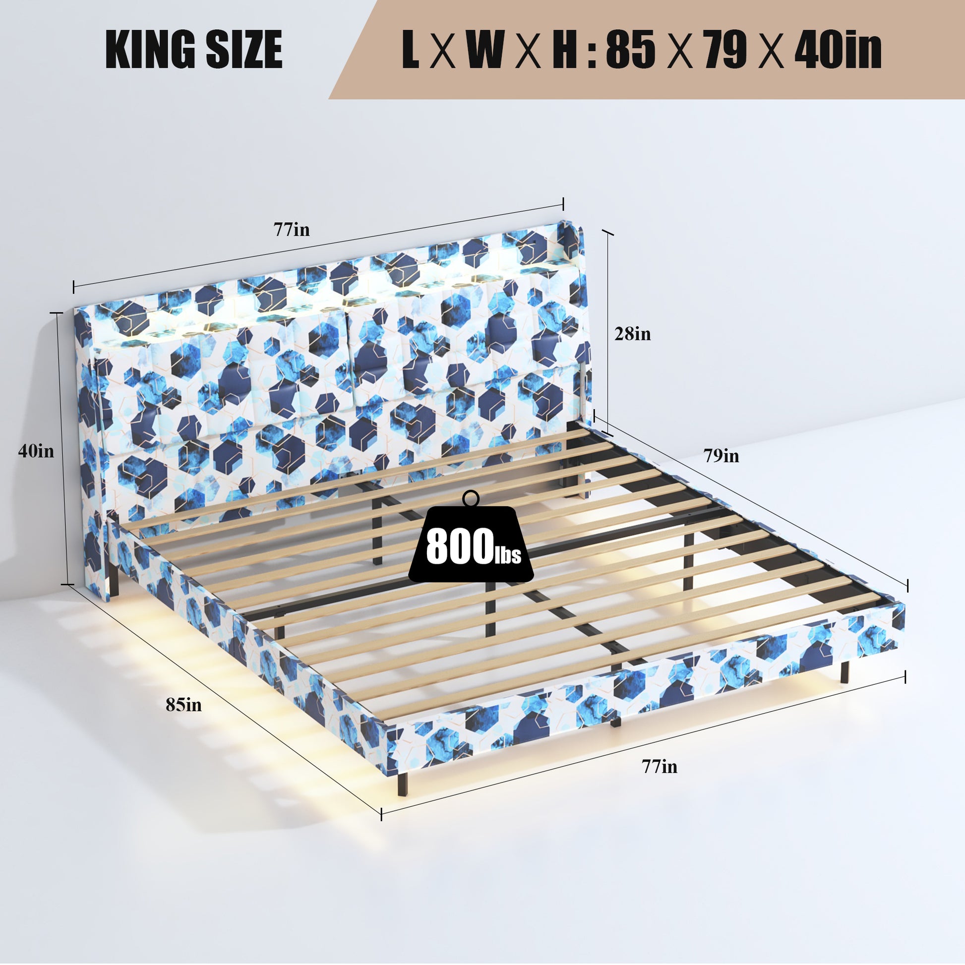 King Floating Bed Frame With Led Light And Charging Station Upholstered Platform Bed Frame King Size With Headboard And Hidden Storage Space, No Box Spring Needed, Blue Box Spring Not Required King Blue Geometry Metal Bedroom Bed Frame Velvet Velvet