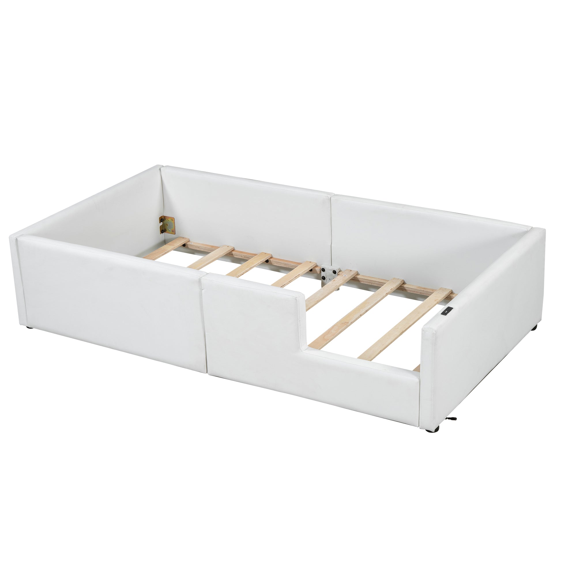 Twin Size Upholstered Platform Bed With Guardrail And Charging Station, White Box Spring Not Required Twin White Upholstered