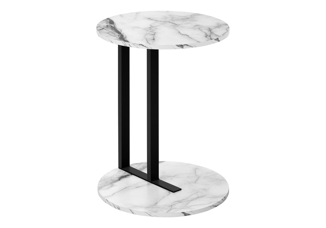 Accent Table, Side, Round, End, Nightstand, Lamp, Living Room, Bedroom, White Marble Look Laminate, Black Metal, Contemporary, Modern White Metal