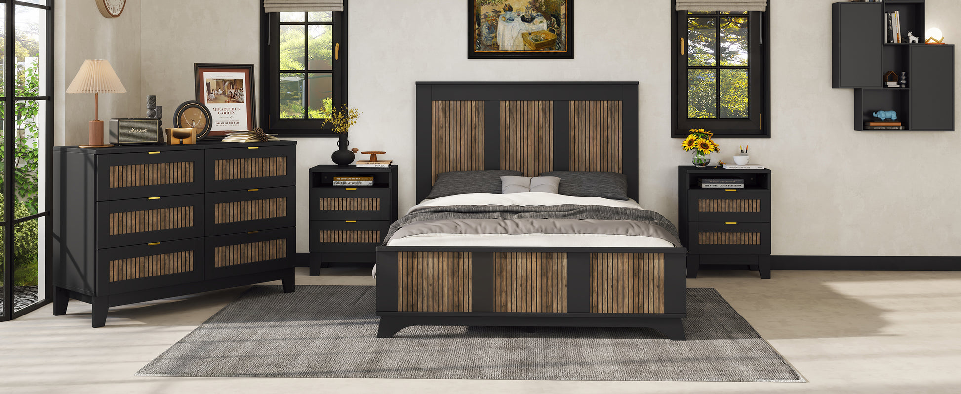 4 Pieces Bedroom Sets, Full Size Farmhouse Platform Bed With Wooden Strip Decoration, Storage Nightstand And Dresser With Metal Handle, Black Full Black 4 Piece Set Particle Board