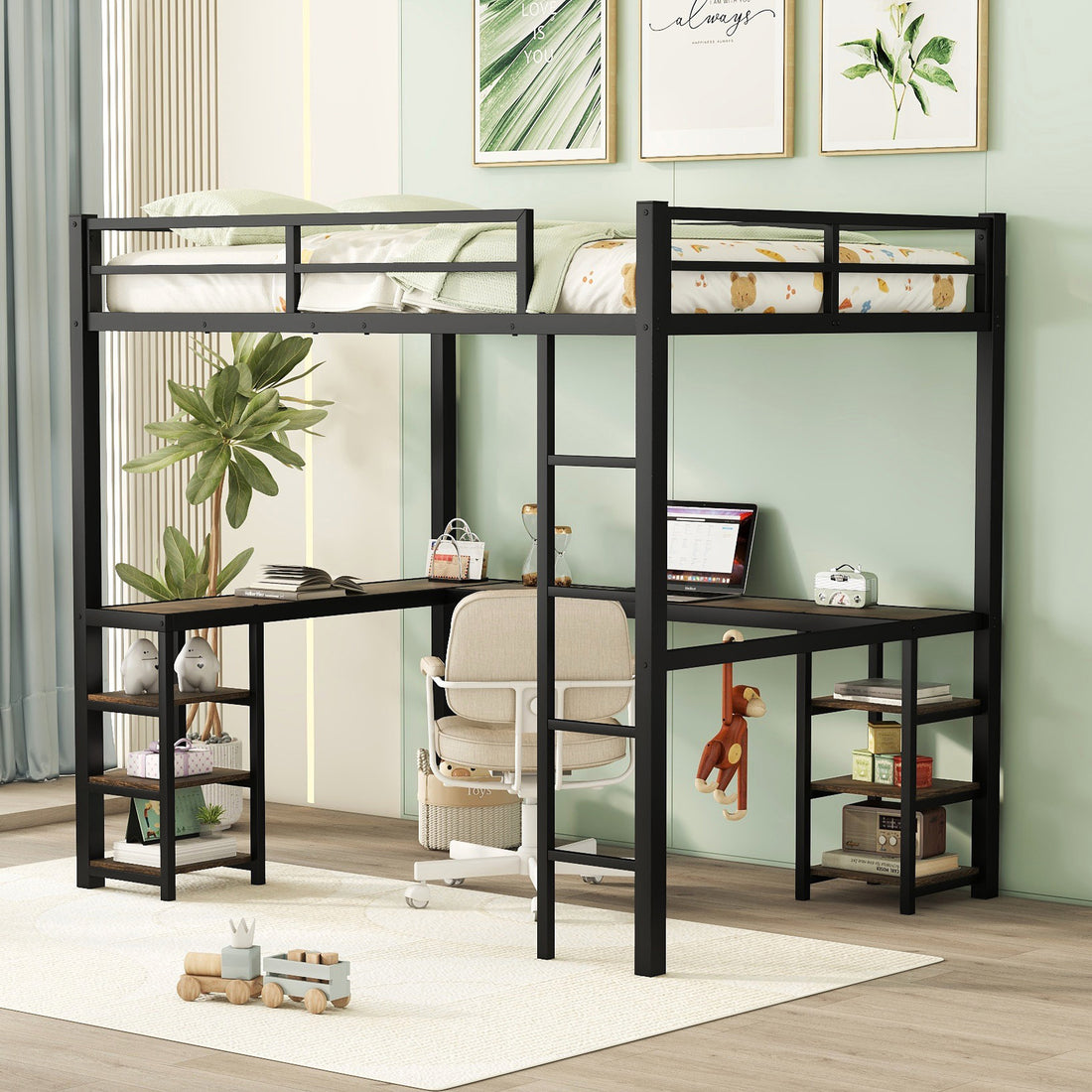 Full Metal Loft Bed With Desk And Shelves, Loft Bed With Ladder And Guardrails, Loft Bed Frame For Bedroom, Black Old Sku: W1307S00018 Full Black Metal