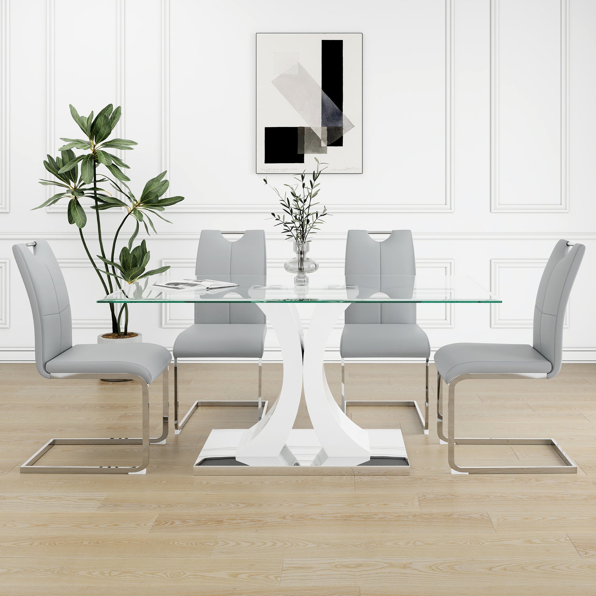 Modern Style Glass Table, Elegant Transparent Design, Durable Support Base, Gray Dining Chair Set, Electroplated Chair Legs, Suitable For Restaurant Kitchens Set Of 5 Grey Silver Seats 4 Mdf Glass