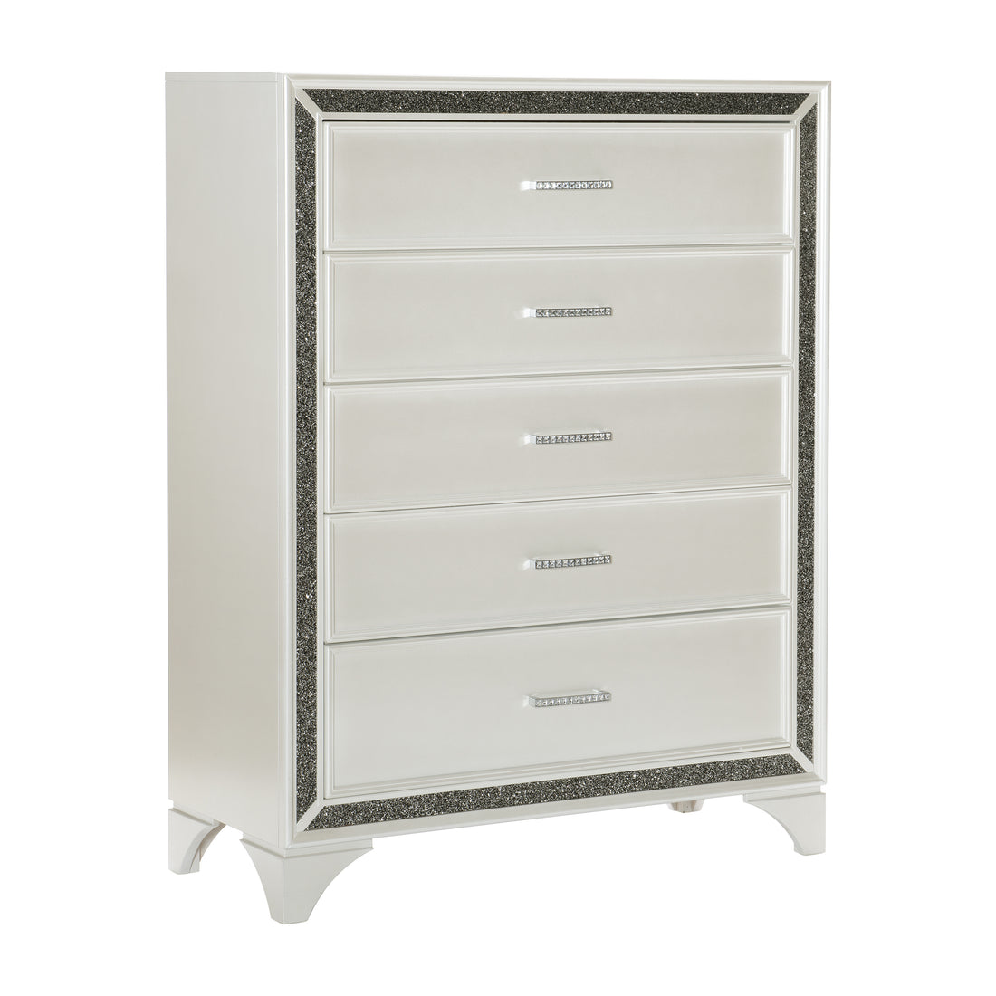 Modern Glam Style Bedroom Furniture Chest Of 5X Drawers 1Pc Pearl White Finish Faux Crystals Handles White Bedroom Glam,Modern Wood