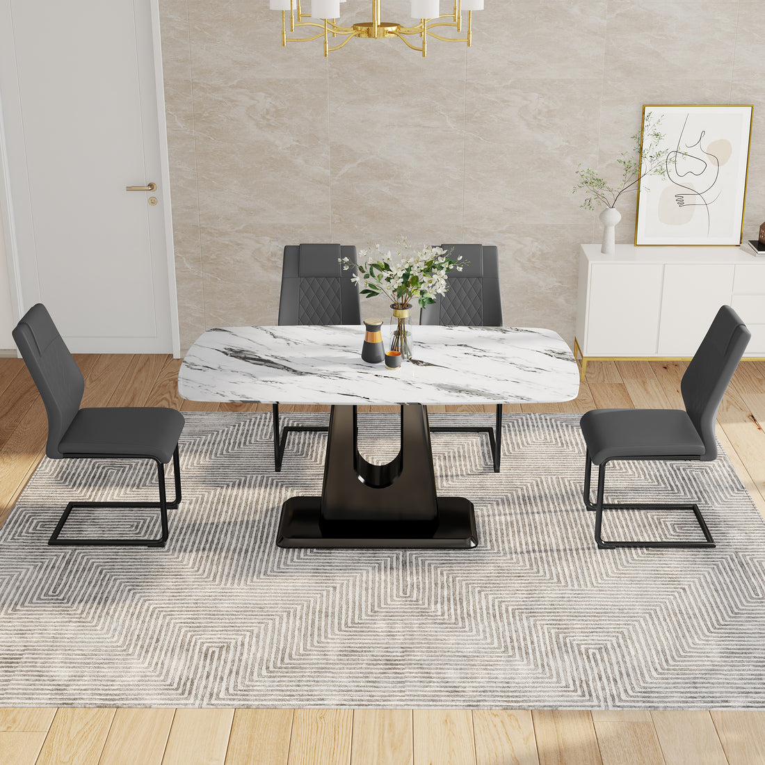 Table And Chair Set, Modern And Minimalist Dining Table, Imitation Marble Patterned Tabletop, Mdf Legs With U Shaped Brackets. Paired With Comfortable Chairs, Suitable For Dining And Living Rooms. Black Mdf Glass