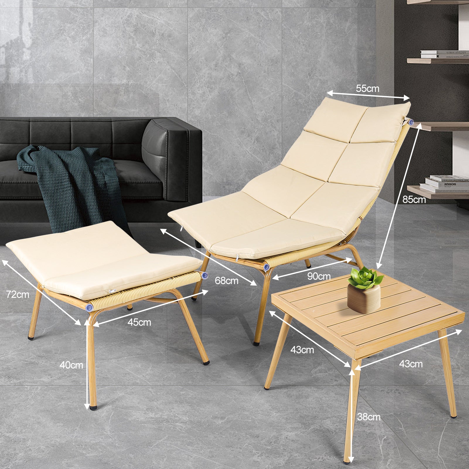 Chaise Lounge Chair With Table For Outdoor Indoor Wood Color Alloy Frame 380Lbs Capacity With Cushion Recliner For Camping Gaming Lunch Break Garden Party Sunbathing Gold Brown Rattan Metal