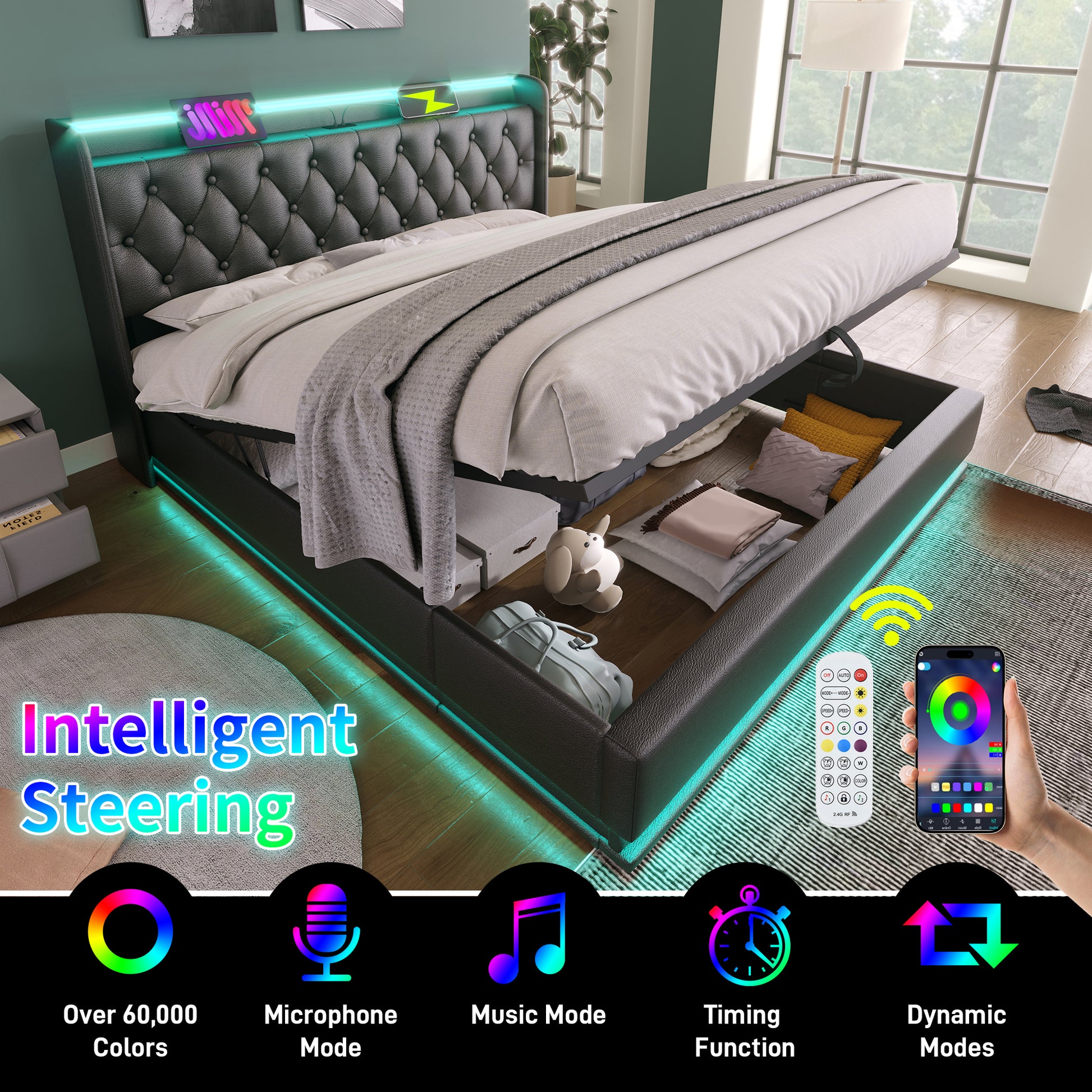 Full Size Upholstered Bed, 360 Surround Led Function, Buttons Apps Remote Control, Hydraulic Storage Bed With Usb Type C Charging, Black,Pu Without Mattress Full Black Pu