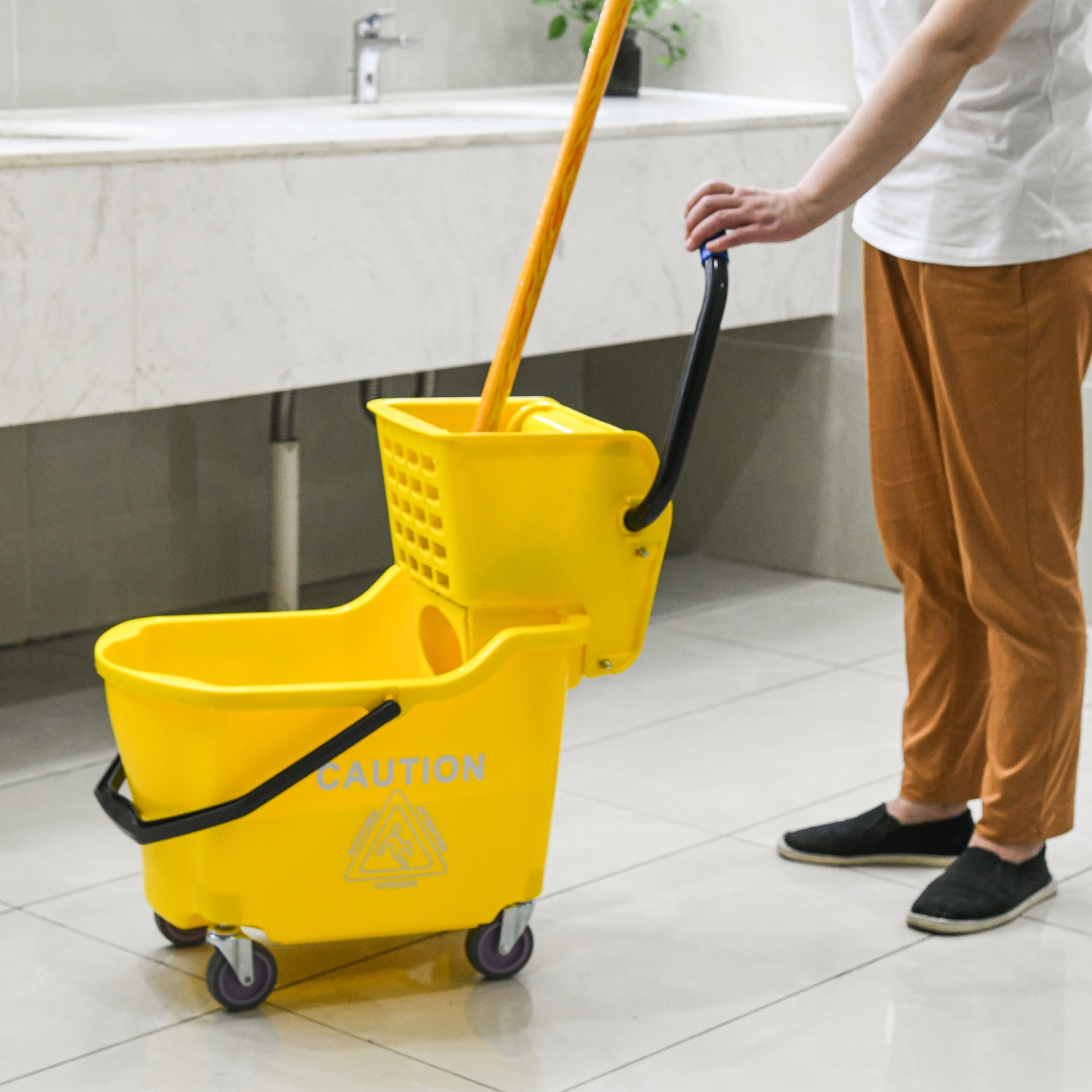 Homcom Mop Bucket Cart With Side Press Wringer, Metal Handle And 34 Quart Capacity, Yellow Yellow Iron Plastic