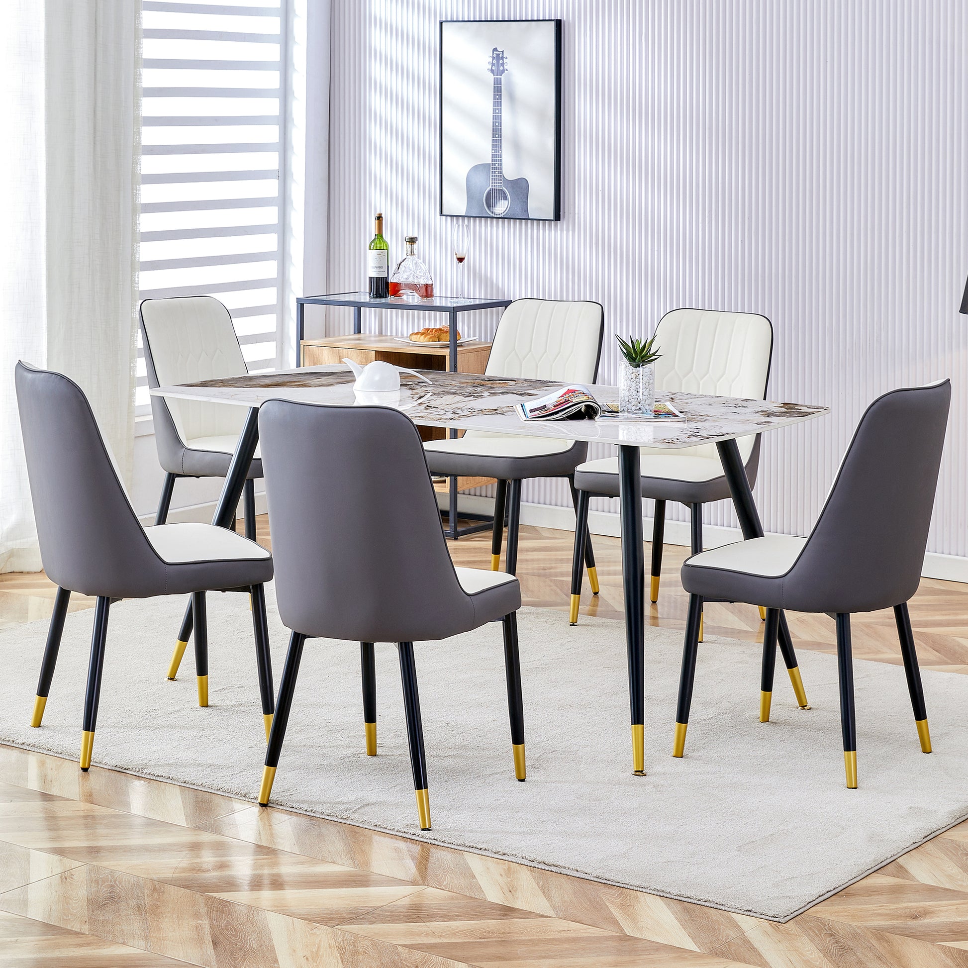 Modern Minimalist Dining Table. Imitation Marble Patterned Stone Burning Tabletop With Black Metal Legs.Modern Dining Chair With Pu Artificial Leather Backrest Cushion And Black Metal Legs.F 001 C 007 Black Gold Sintered Stone