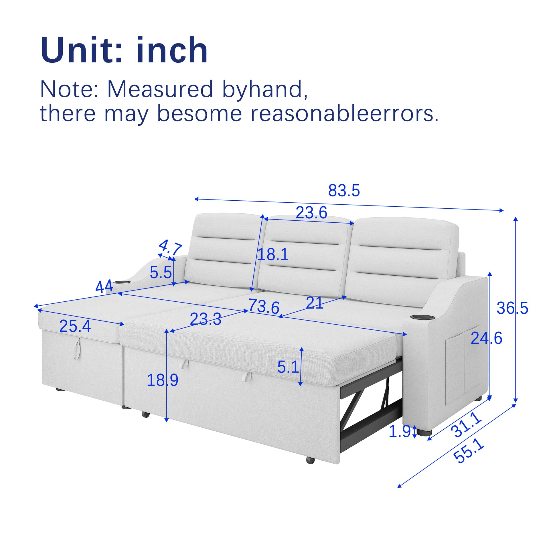 Mh83.5" Convertible Sleeper Combo Sofa, Convertible Sofa Bed Polyester Pullout Bed With Storage Recliner And Cup Holder For Living Room, Tight Spaces Beige Polyester Wood Primary Living Space Pine Foam Fabric 3 Seat